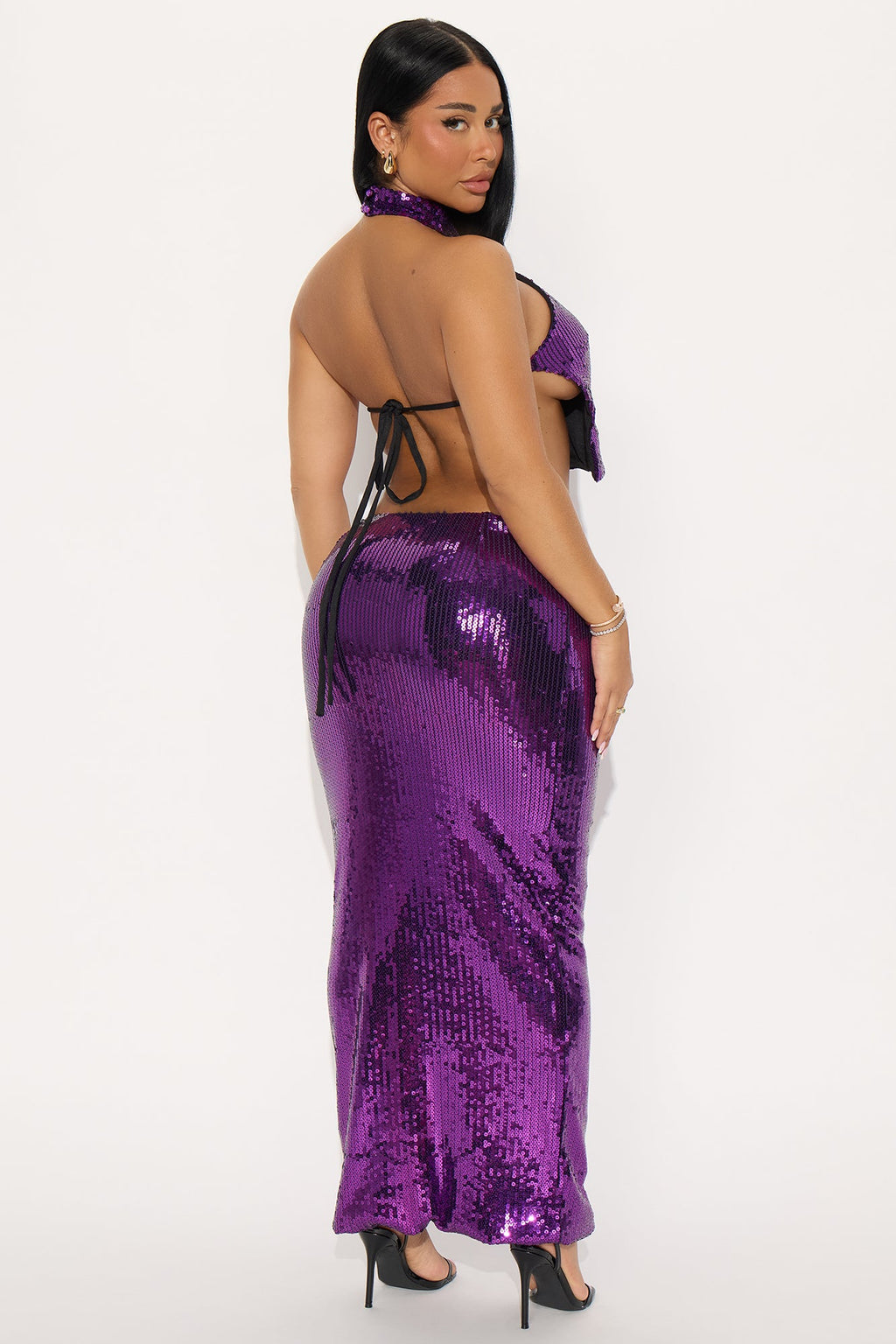 Khloe Sequin Halter Maxi Skirt Set - Purple