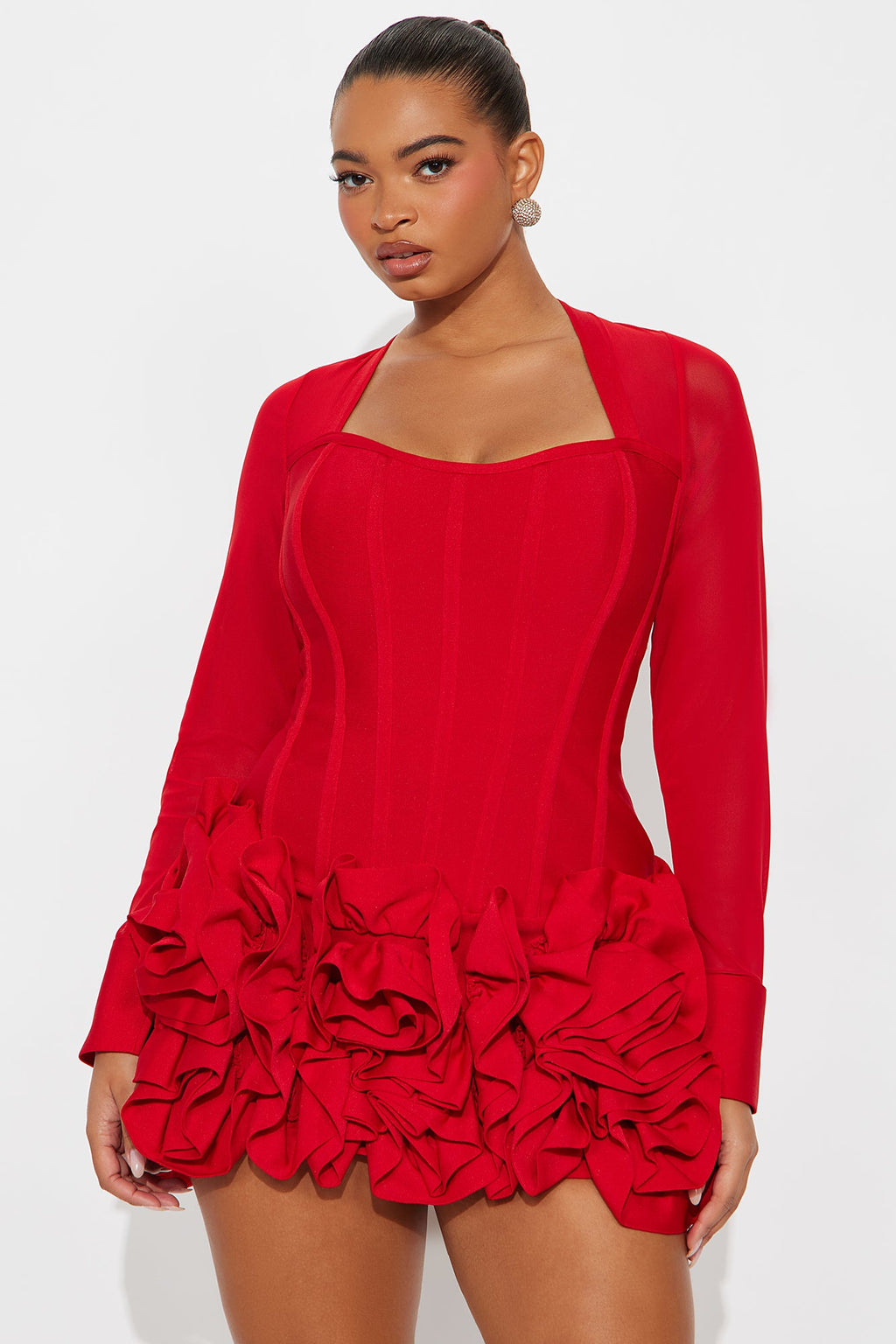 Blessed Beauty Long Sleeve Rufﬂe Rosette Bandage Mini Dress - Red