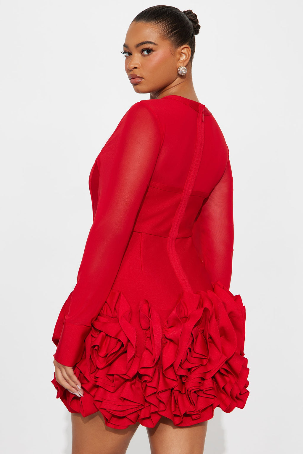 Blessed Beauty Long Sleeve Rufﬂe Rosette Bandage Mini Dress - Red