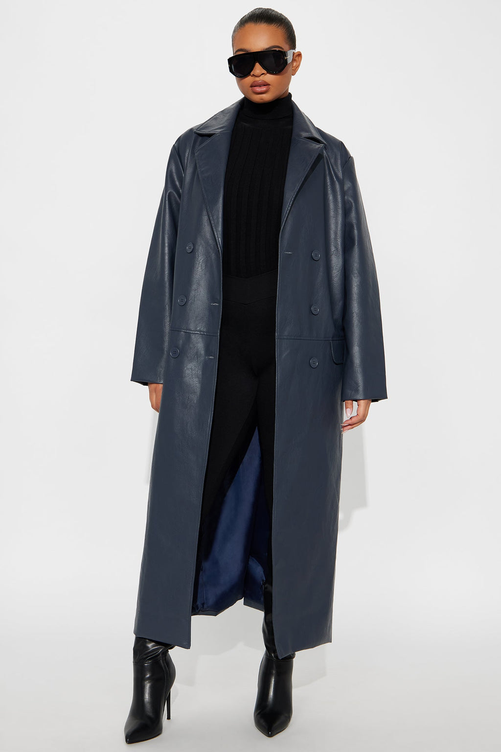 Drew Faux Leather Double Breasted Coat - Navy 