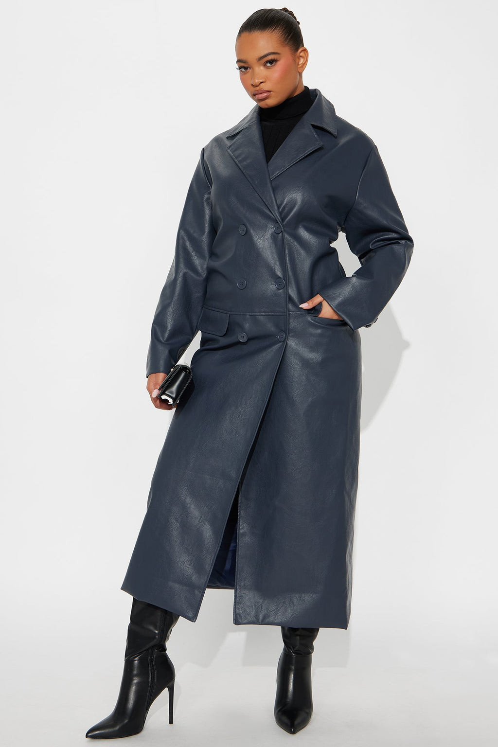 Drew Faux Leather Double Breasted Coat - Navy 