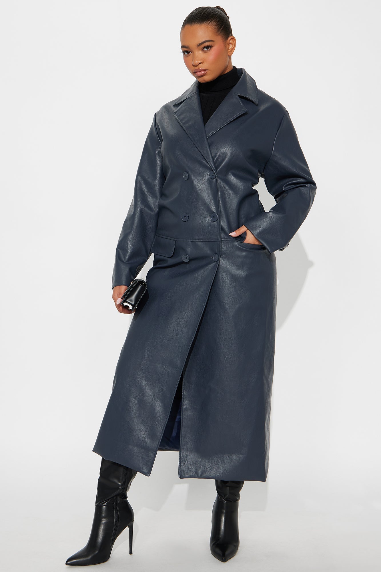 Drew Faux Leather Double Breasted Coat - Navy 