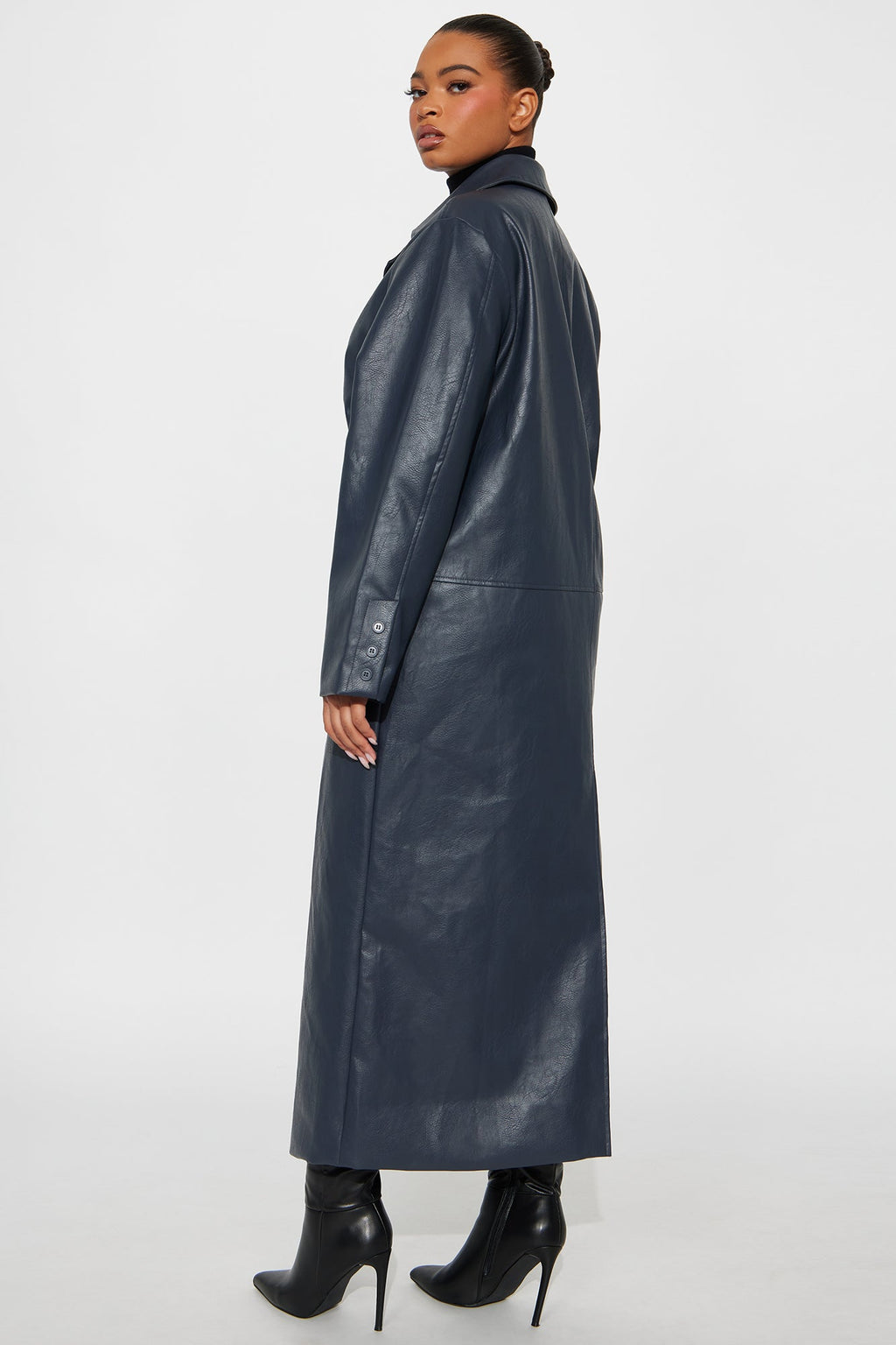 Drew Faux Leather Double Breasted Coat - Navy 