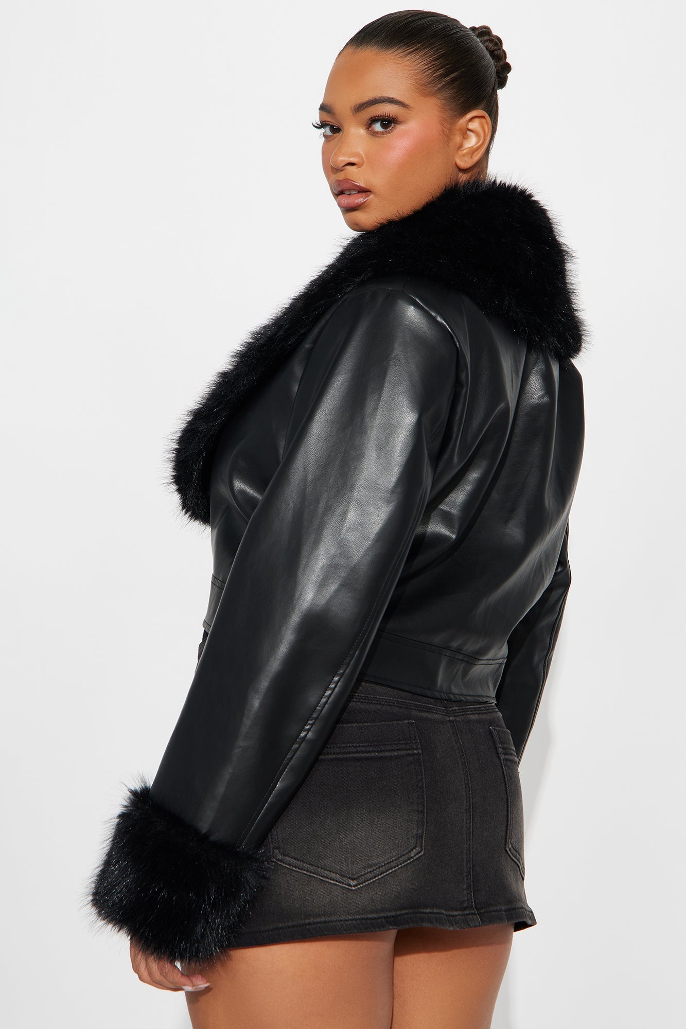 Roxanne Cropped Fur Faux Leather Coat - Black 