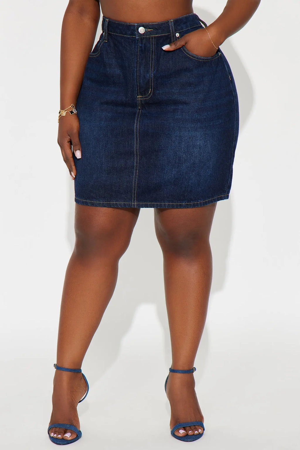 Rayna Dark Wash Denim Midi Pencil Skirt - Dark Wash 