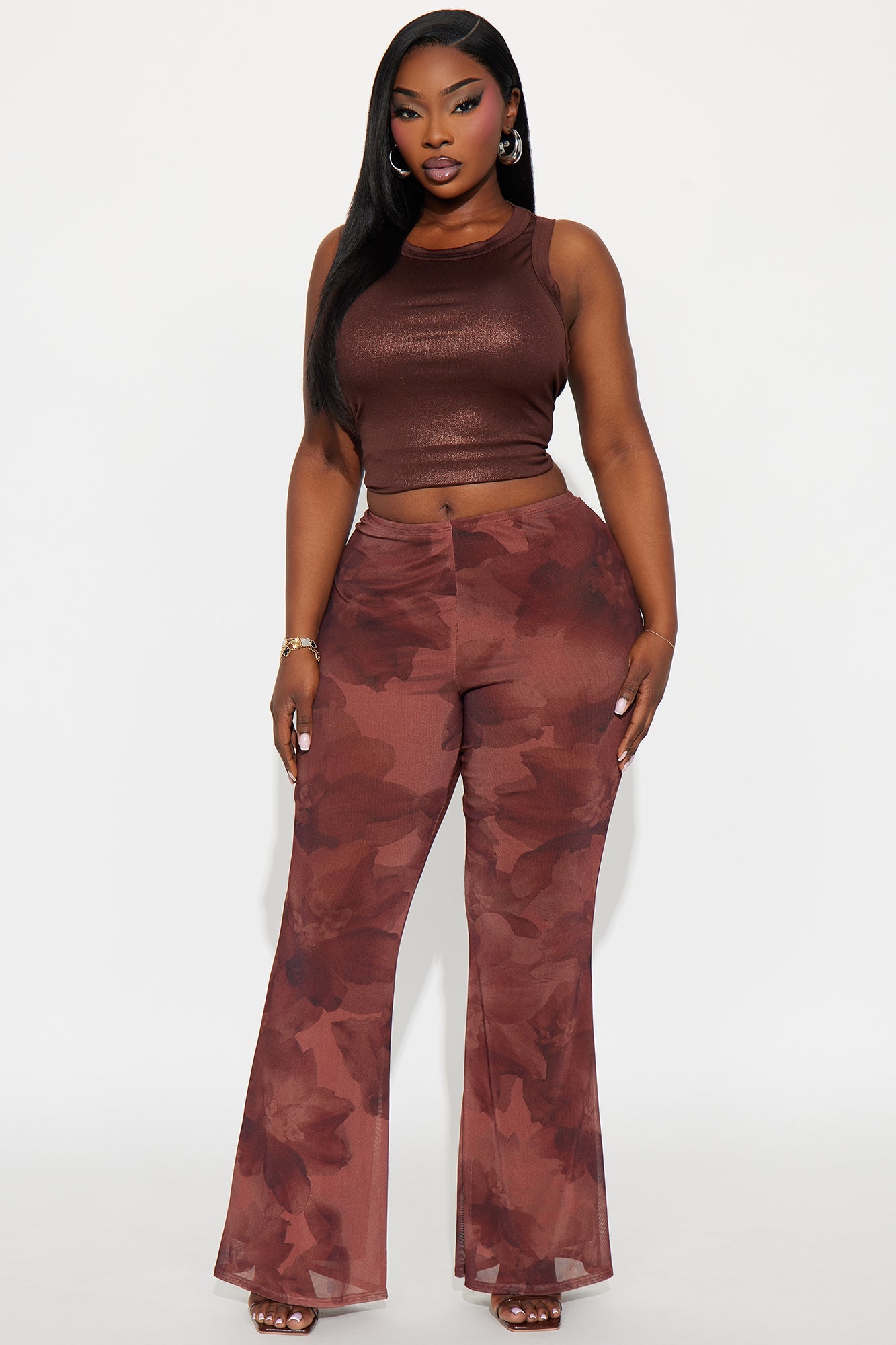 Sweet Promises Floral Mesh Flare Pant 32″ - Brown/combo