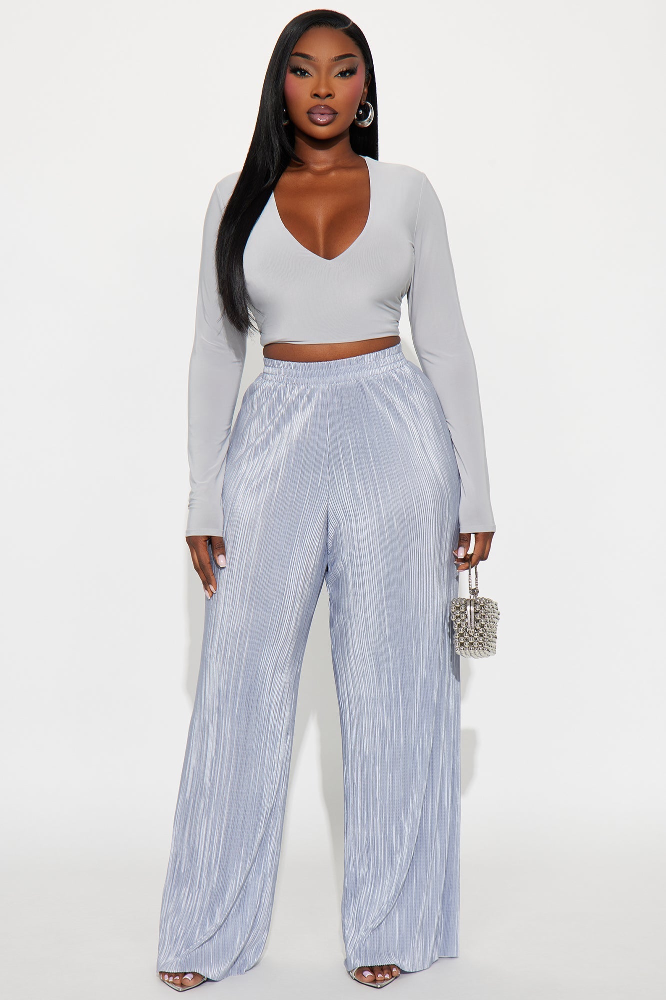 No Small Talk Wide Leg Plisse Pant 32″ - Silver 