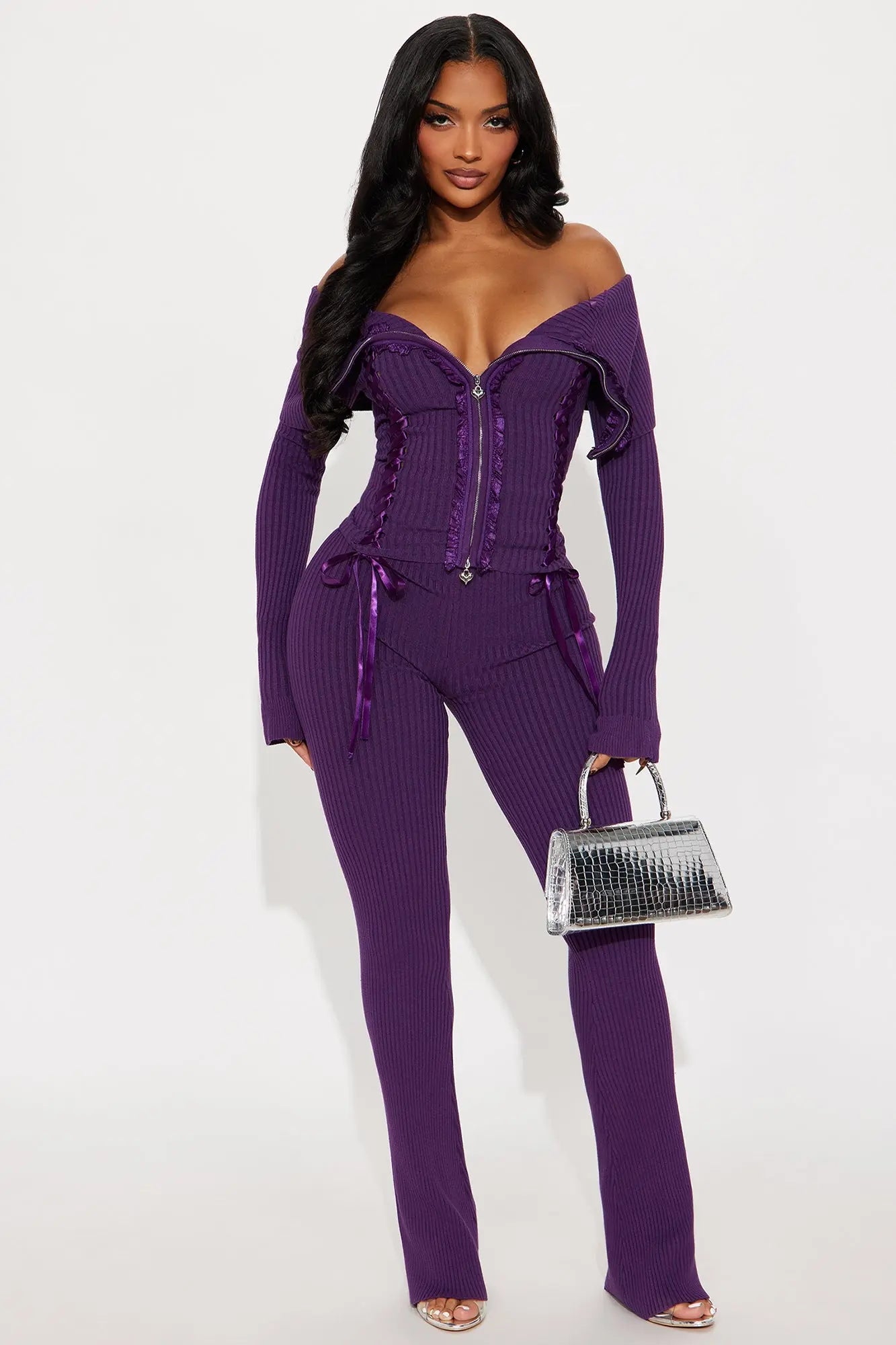 Love Affair Sweater Cardigan Flare Pant Set - Plum 