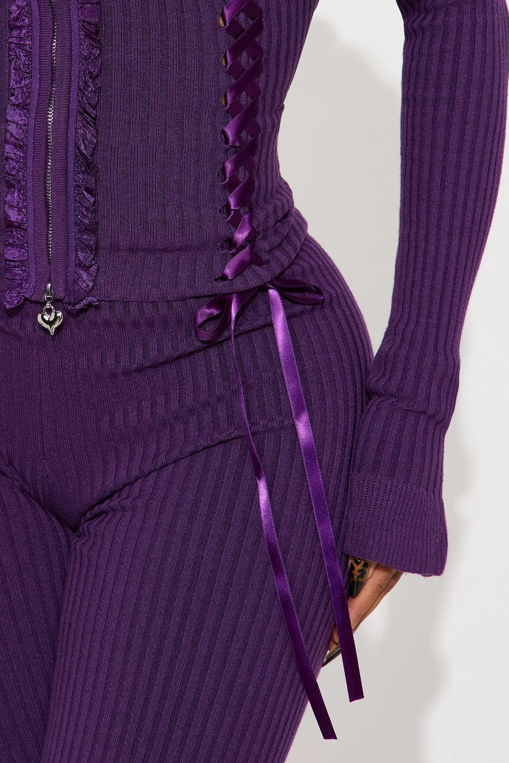 Love Affair Sweater Cardigan Flare Pant Set - Plum 