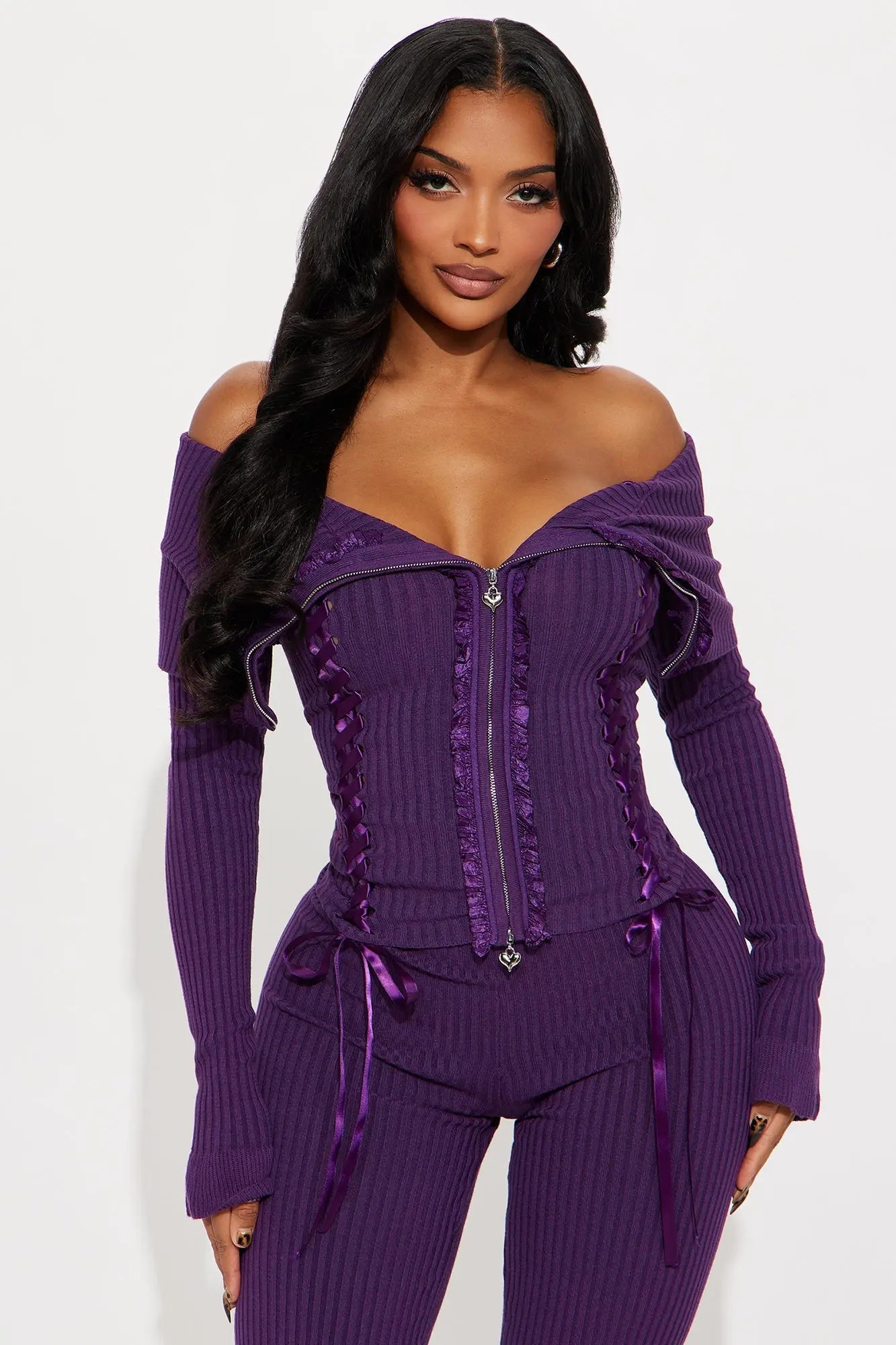 Love Affair Sweater Cardigan Flare Pant Set - Plum 