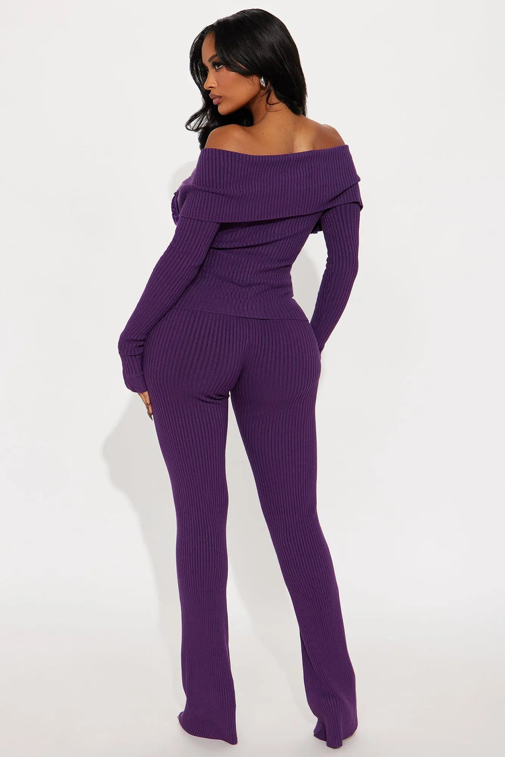 Love Affair Sweater Cardigan Flare Pant Set - Plum 