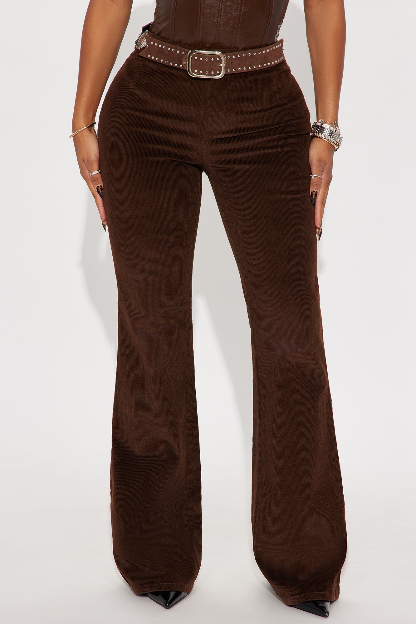 Ridin' Round Mid Rise Belted Corduroy Flare Pant 34 - Chocolate 