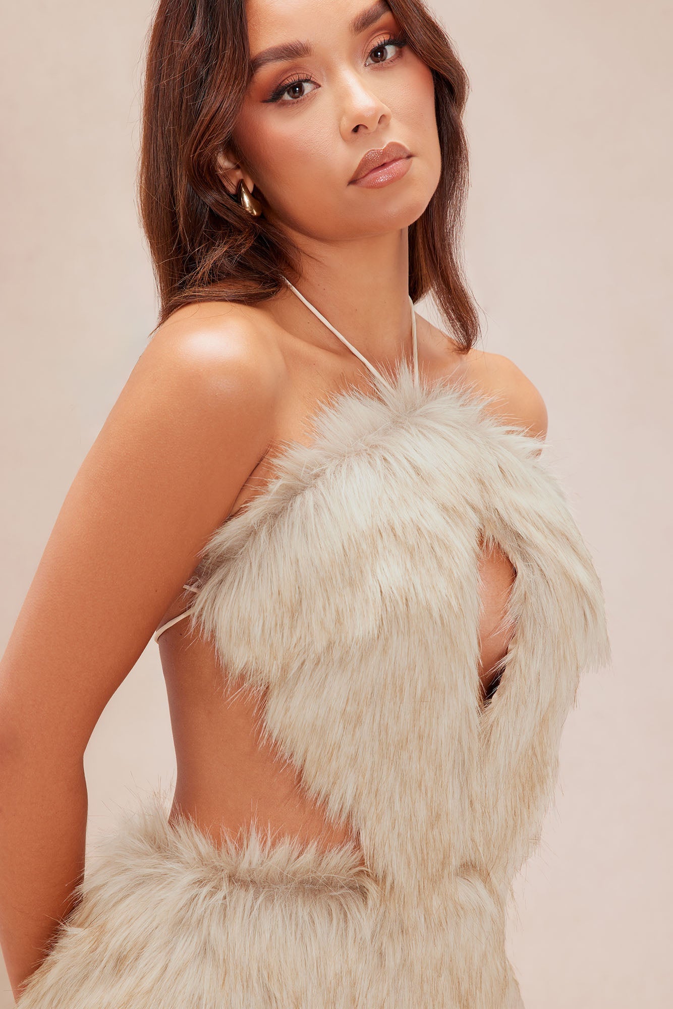 Tatum Cut Out Faux Fur Mini Dress - Taupe