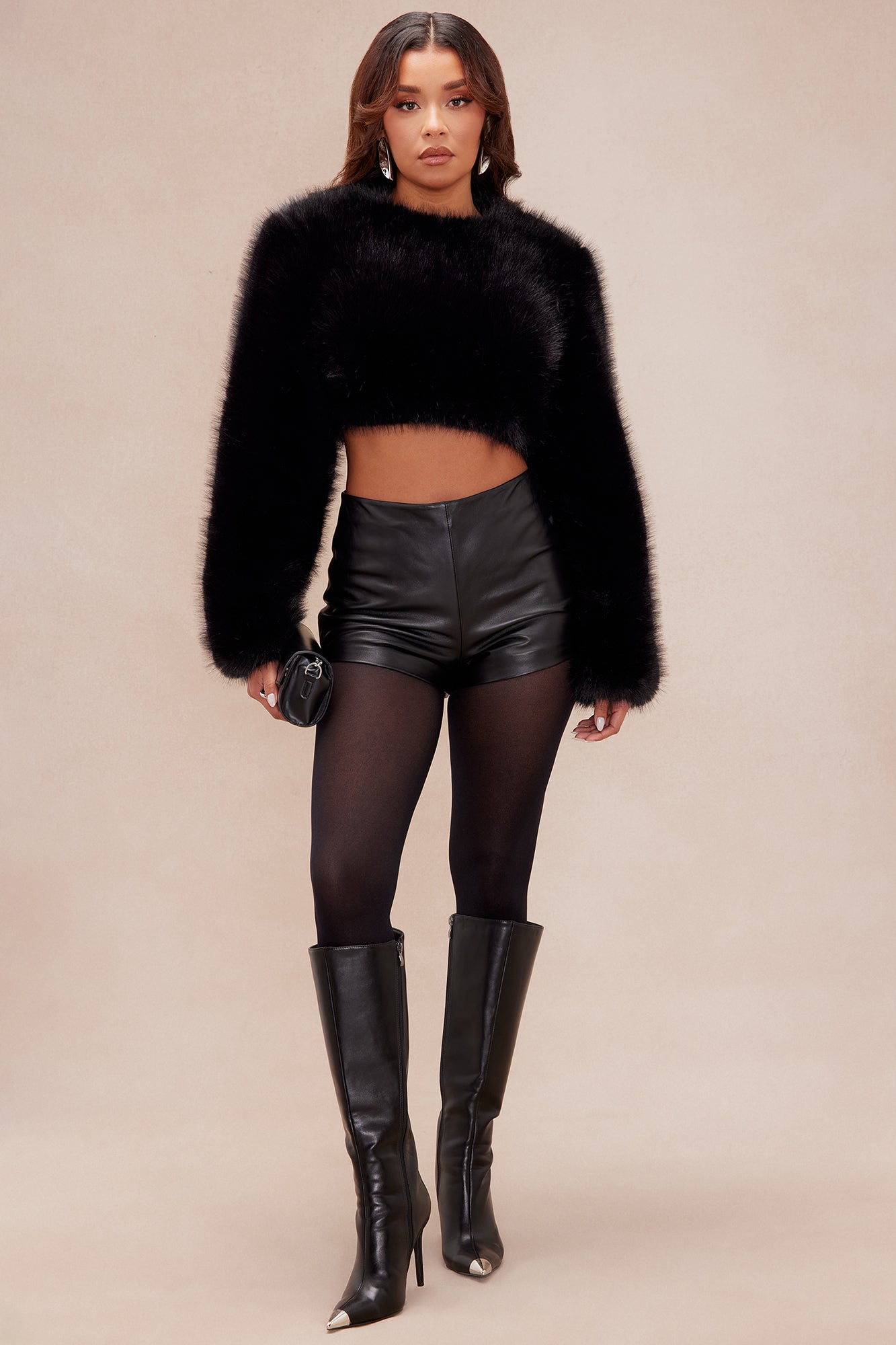 Brandi Long Sleeve Faux Fur Top - Black