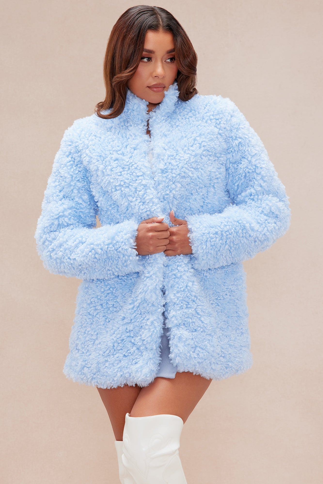 Arden Sherpa Fur Collared Jacket - Light Blue 