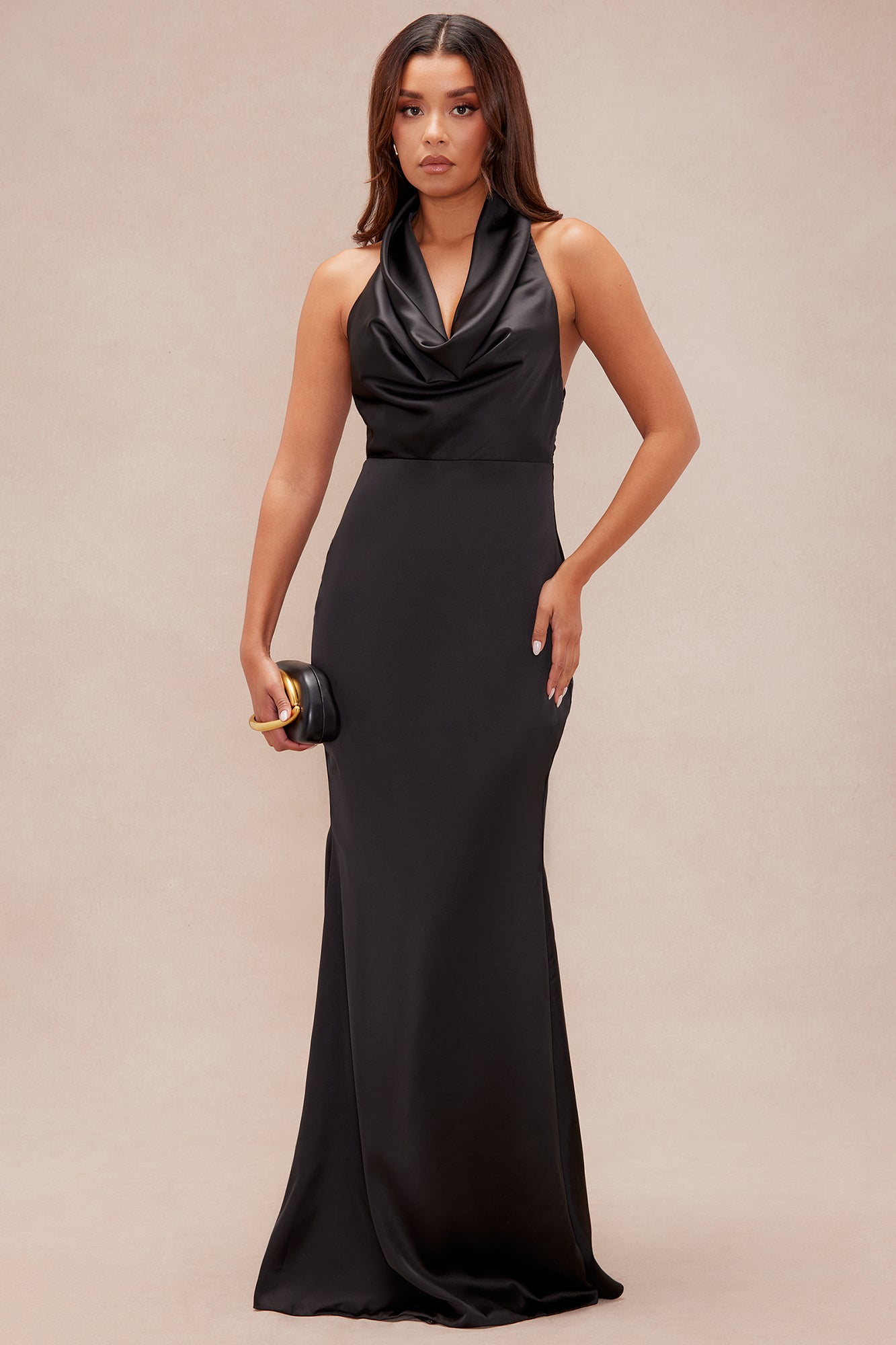 Laena Satin Draped Maxi Dress - Black
