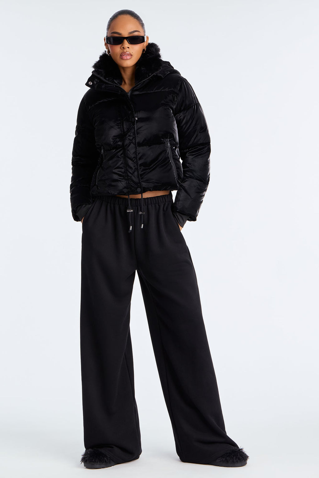 Snowed In Fur Trim Hooded Puffer Jacket - Black