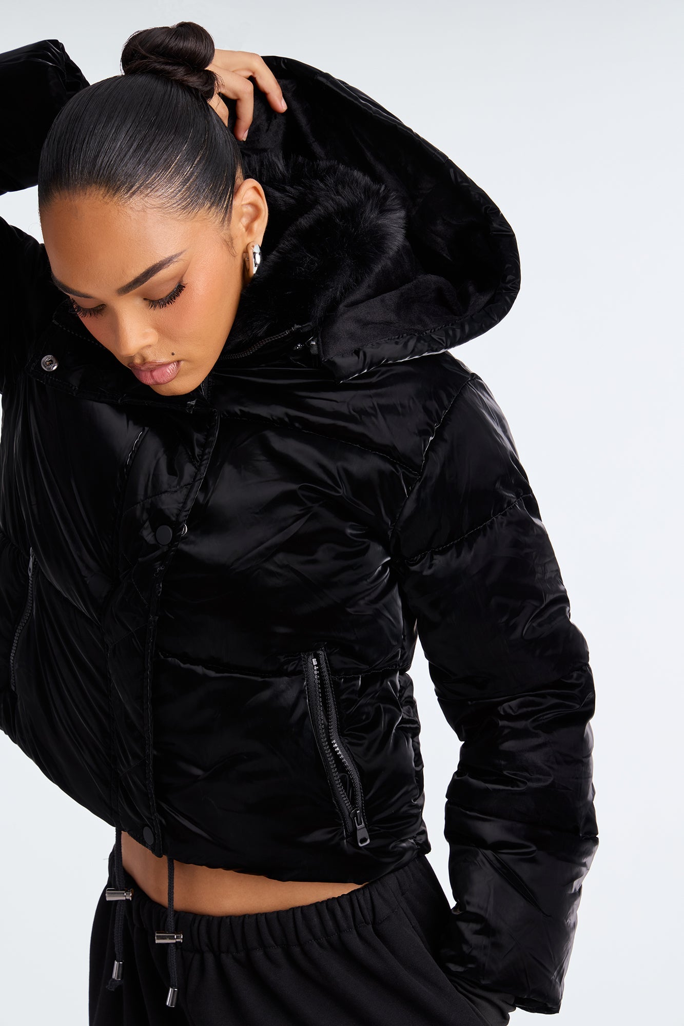 Snowed In Fur Trim Hooded Puffer Jacket - Black