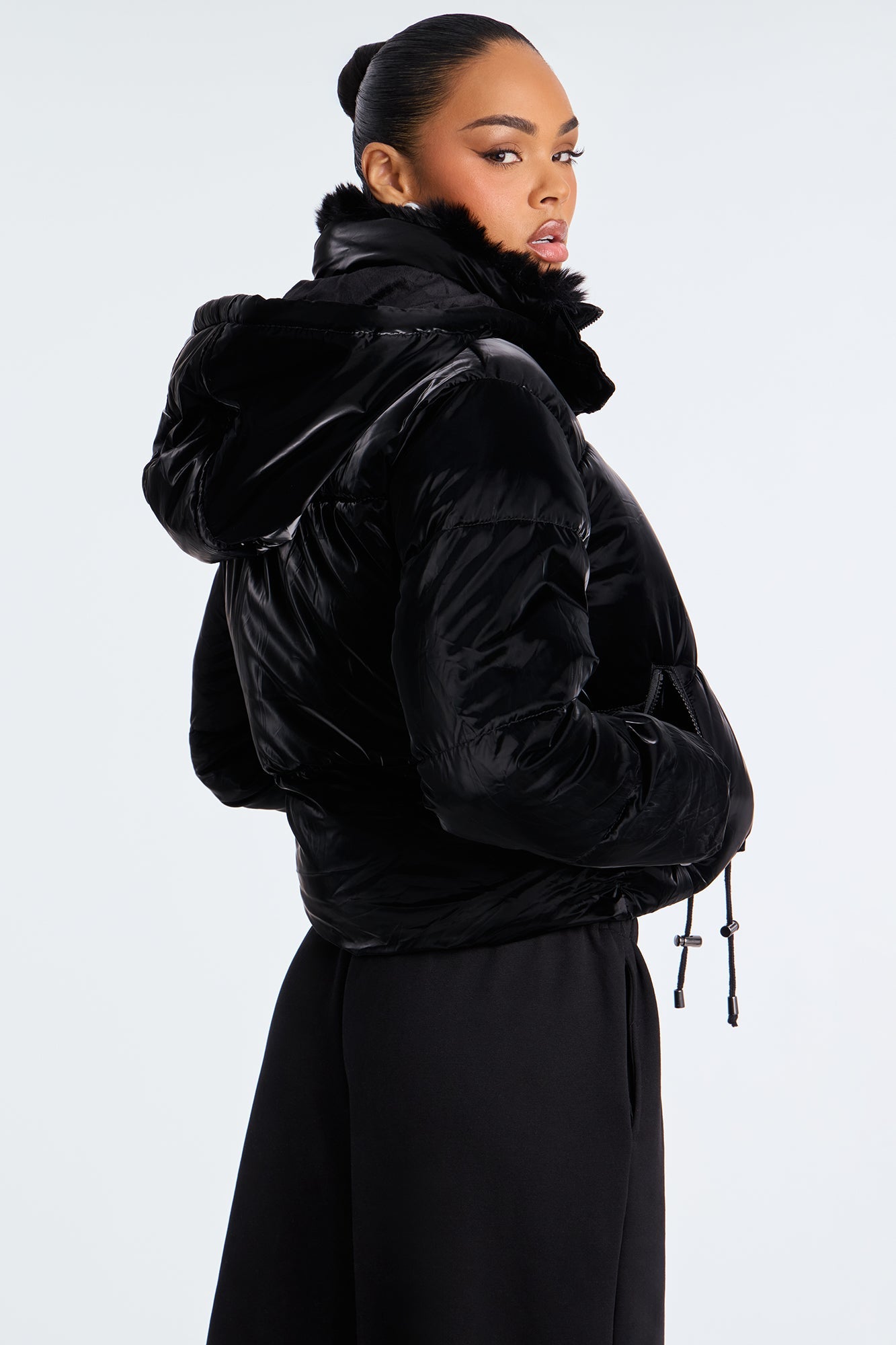 Snowed In Fur Trim Hooded Puffer Jacket - Black