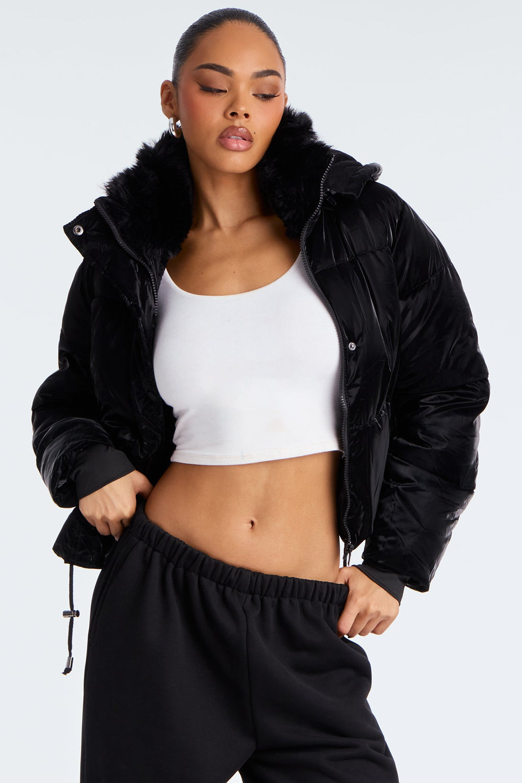 Snowed In Fur Trim Hooded Puffer Jacket - Black