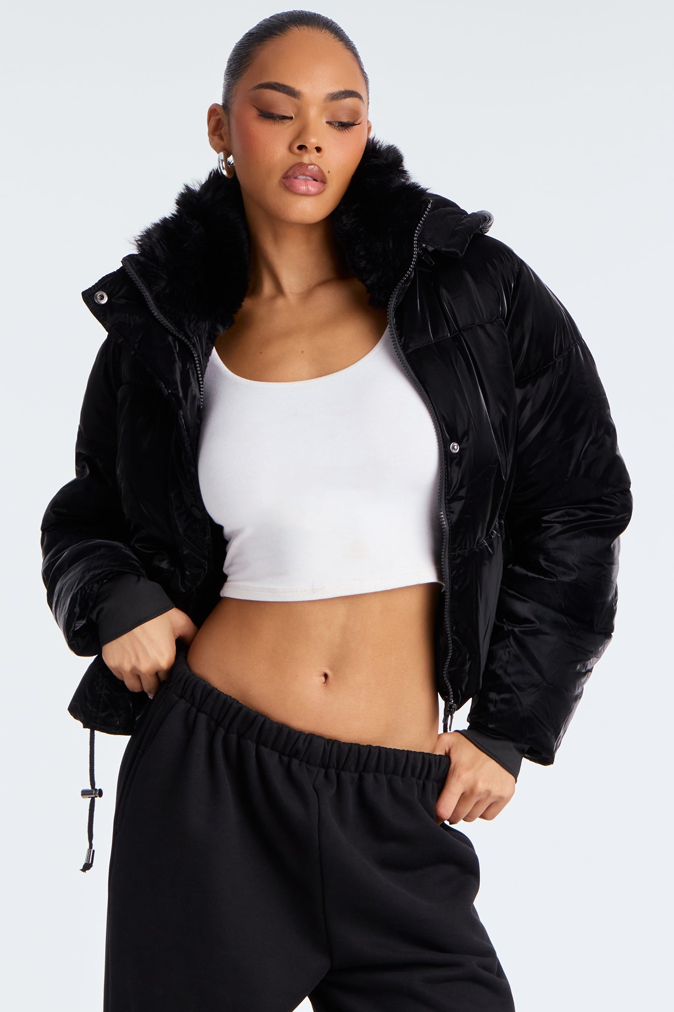 Snowed In Fur Trim Hooded Puffer Jacket - Black