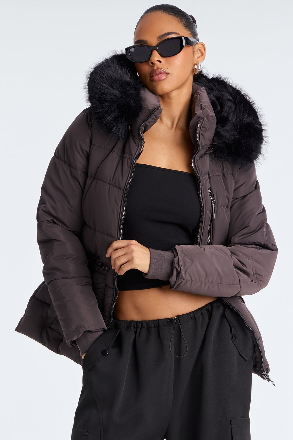 Trip To Aspen Fur Hooded Puffer Jacket - Charcoal