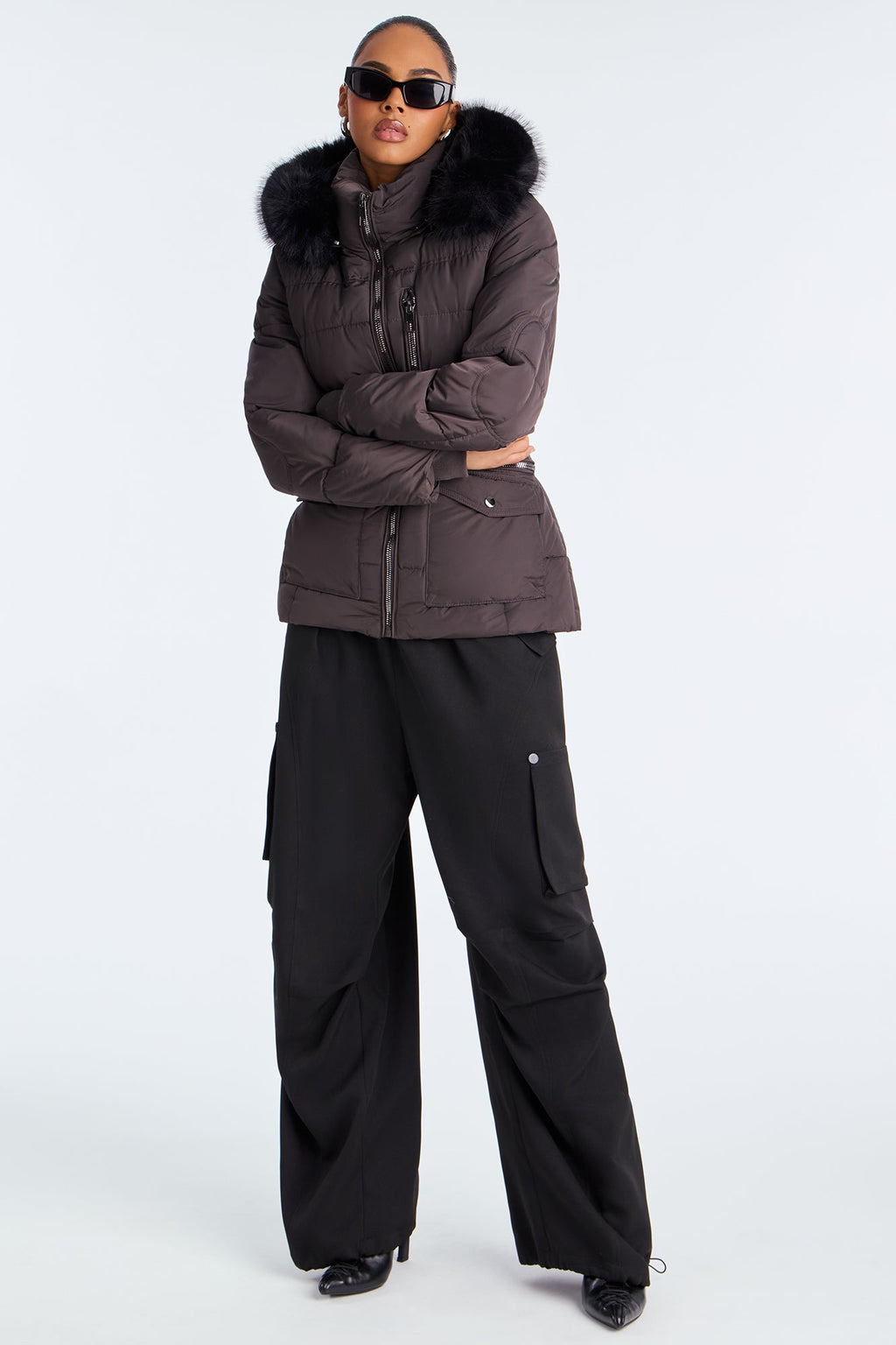 Trip To Aspen Fur Hooded Puffer Jacket - Charcoal