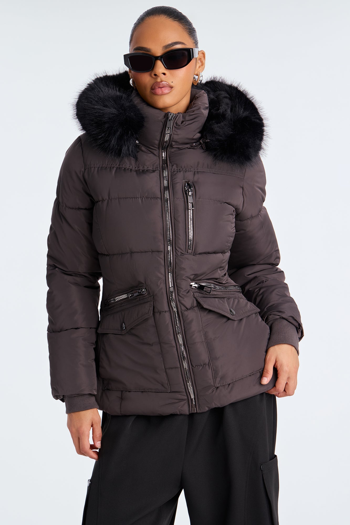 Trip To Aspen Fur Hooded Puffer Jacket - Charcoal