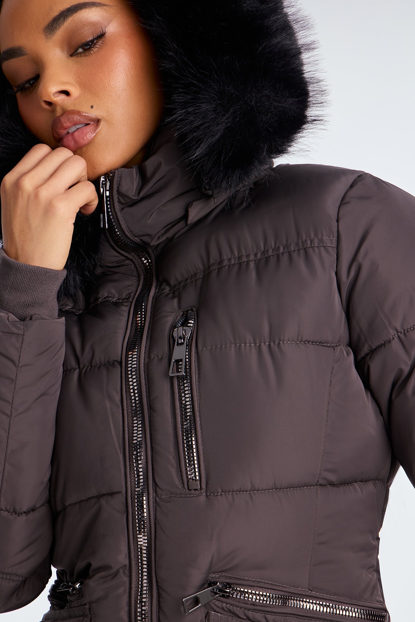 Trip To Aspen Fur Hooded Puffer Jacket - Charcoal