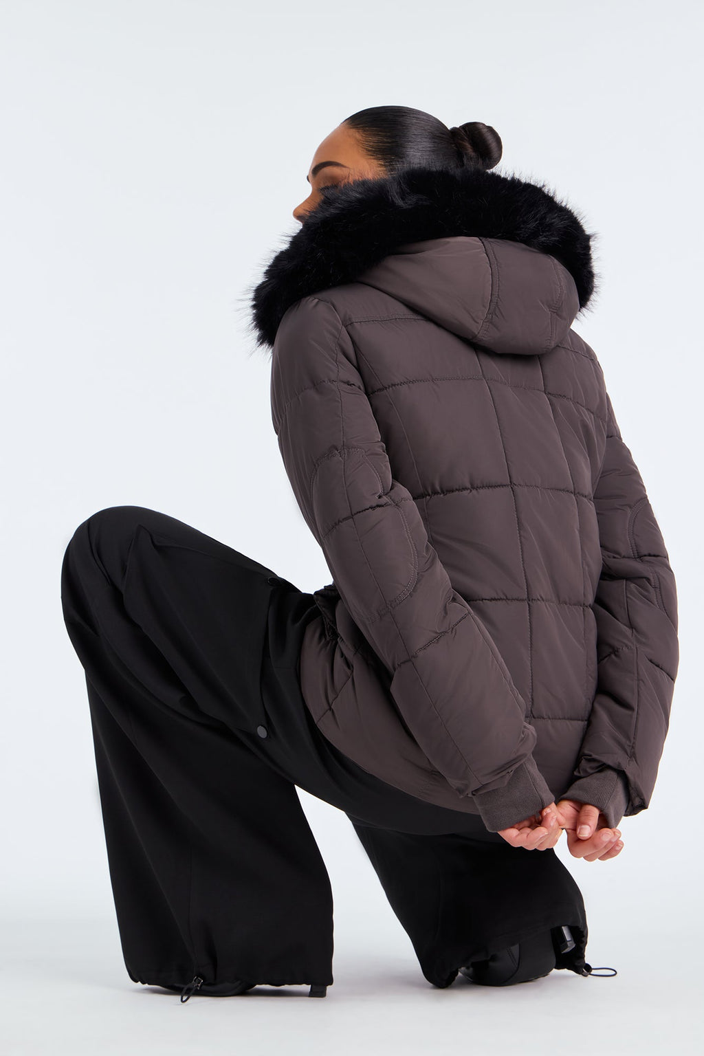 Trip To Aspen Fur Hooded Puffer Jacket - Charcoal