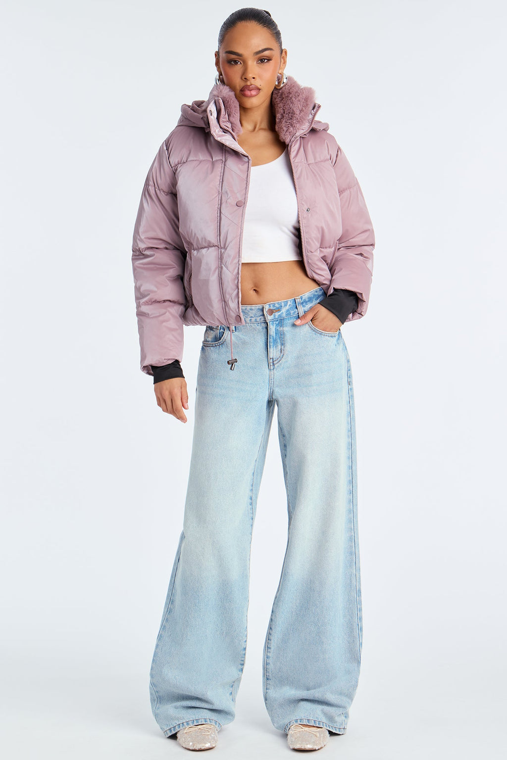 Snowed In Fur Trim Hooded Puffer Jacket - Mauve