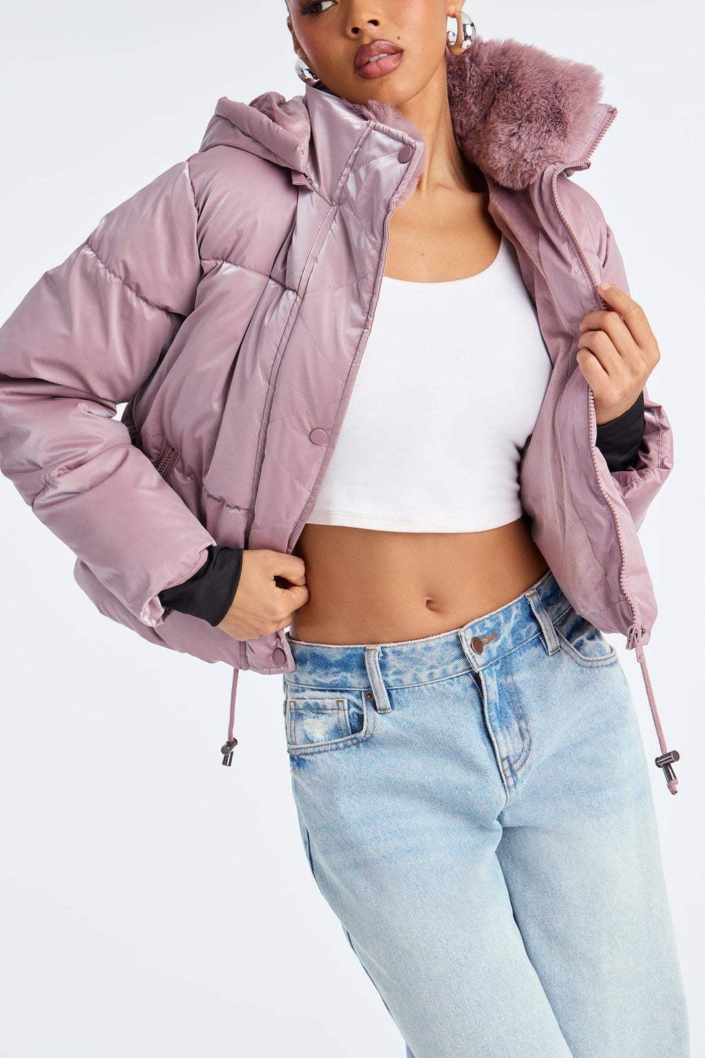 Snowed In Fur Trim Hooded Puffer Jacket - Mauve