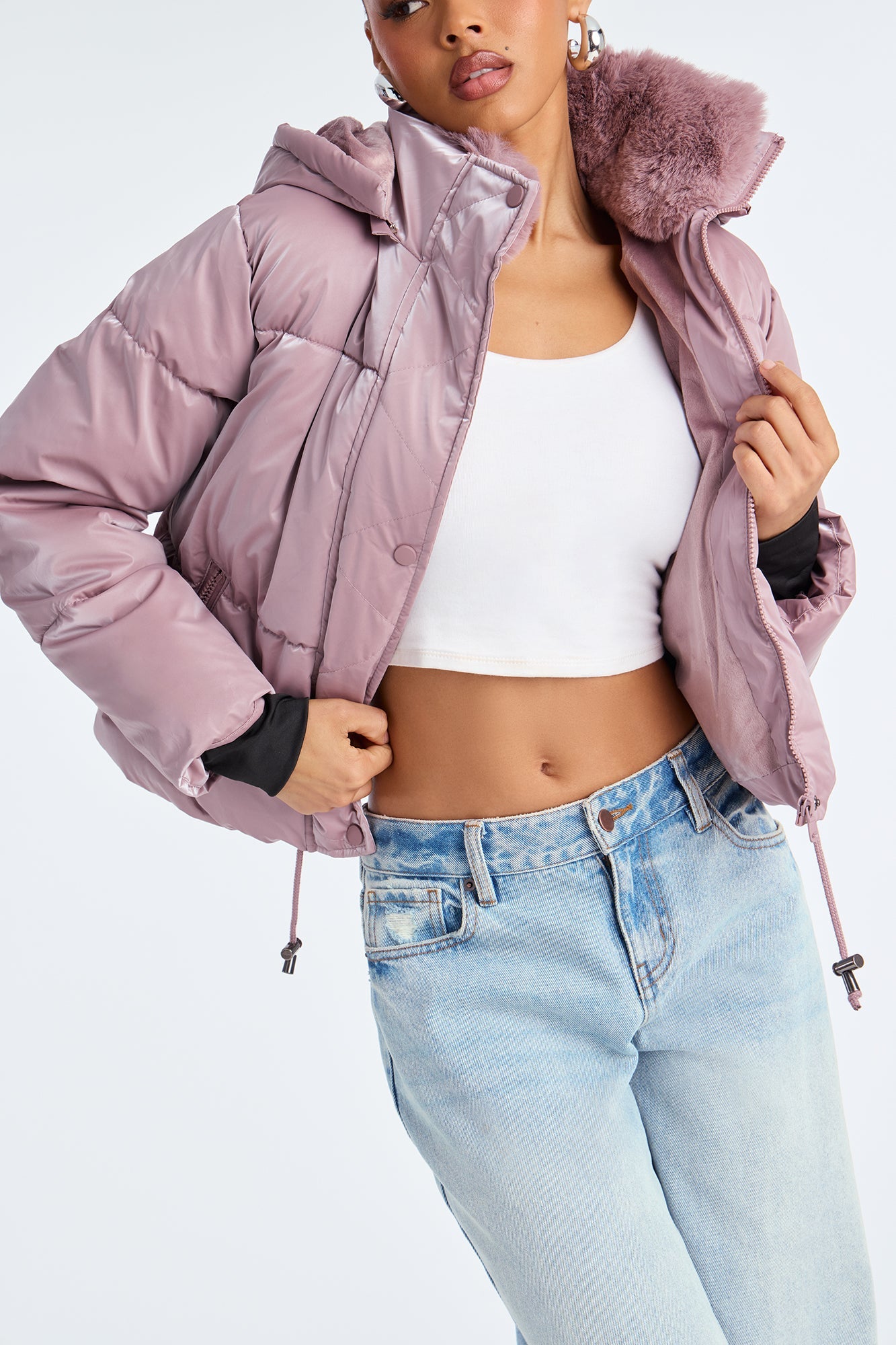 Snowed In Fur Trim Hooded Puffer Jacket - Mauve