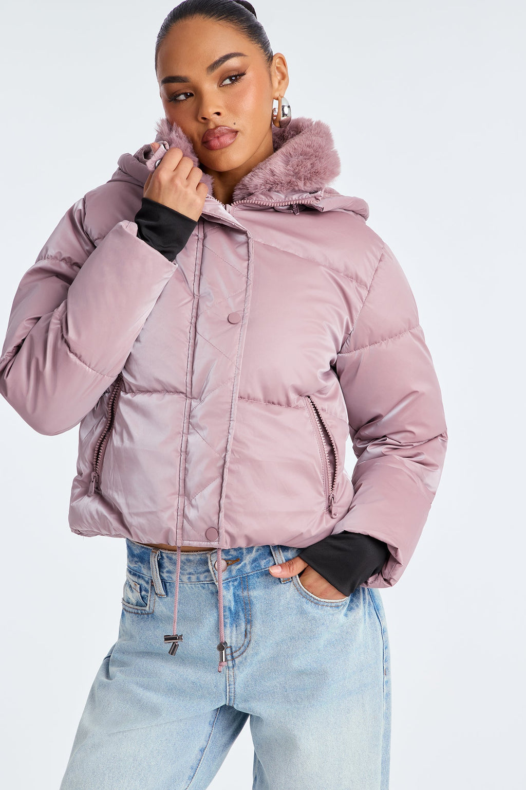 Snowed In Fur Trim Hooded Puffer Jacket - Mauve