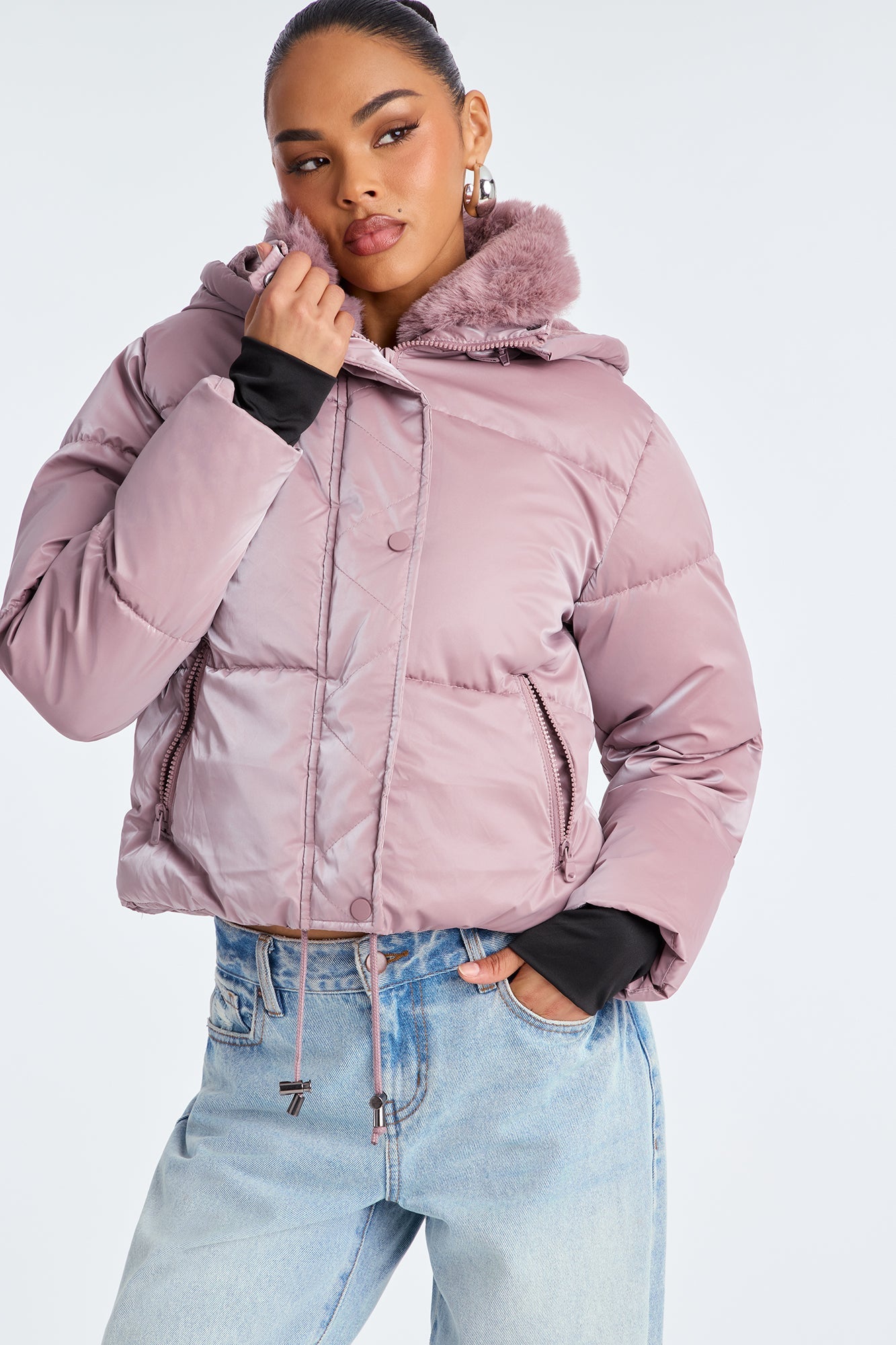Snowed In Fur Trim Hooded Puffer Jacket - Mauve