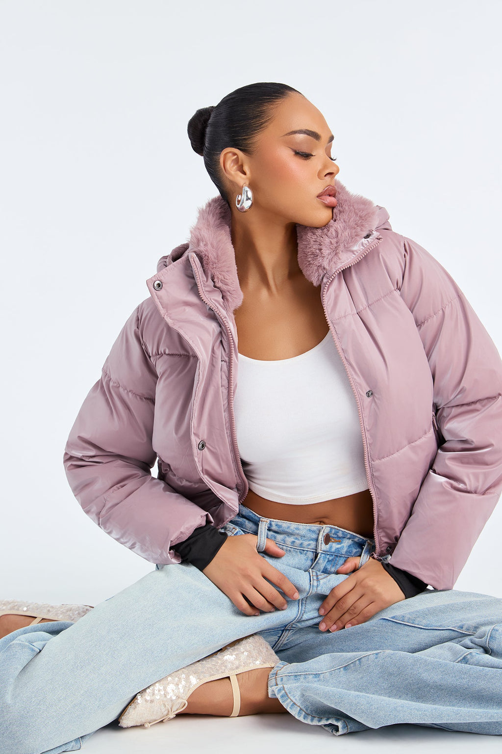Snowed In Fur Trim Hooded Puffer Jacket - Mauve