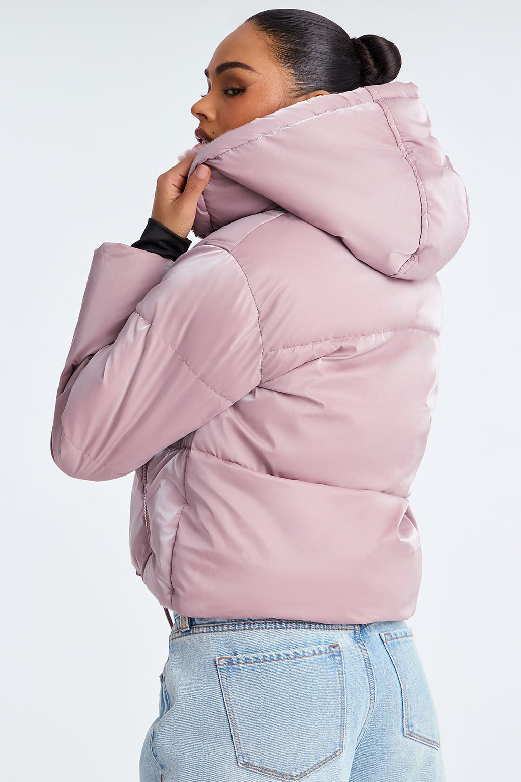 Snowed In Fur Trim Hooded Puffer Jacket - Mauve