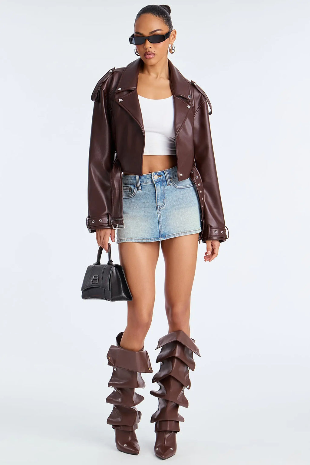 Fast Lane Faux Leather Moto Jacket - Brown 