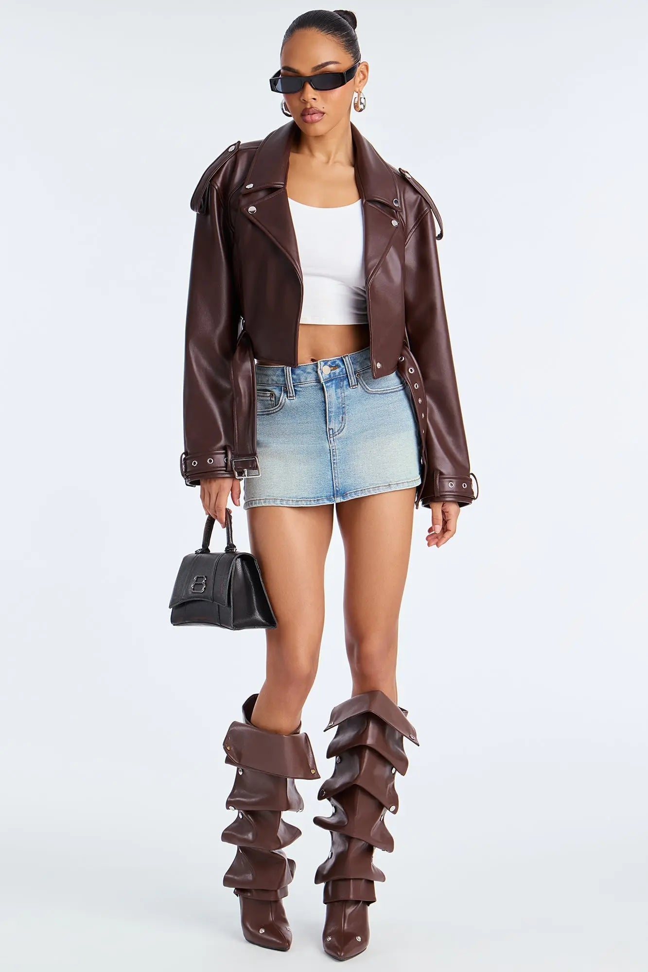 Fast Lane Faux Leather Moto Jacket - Brown 