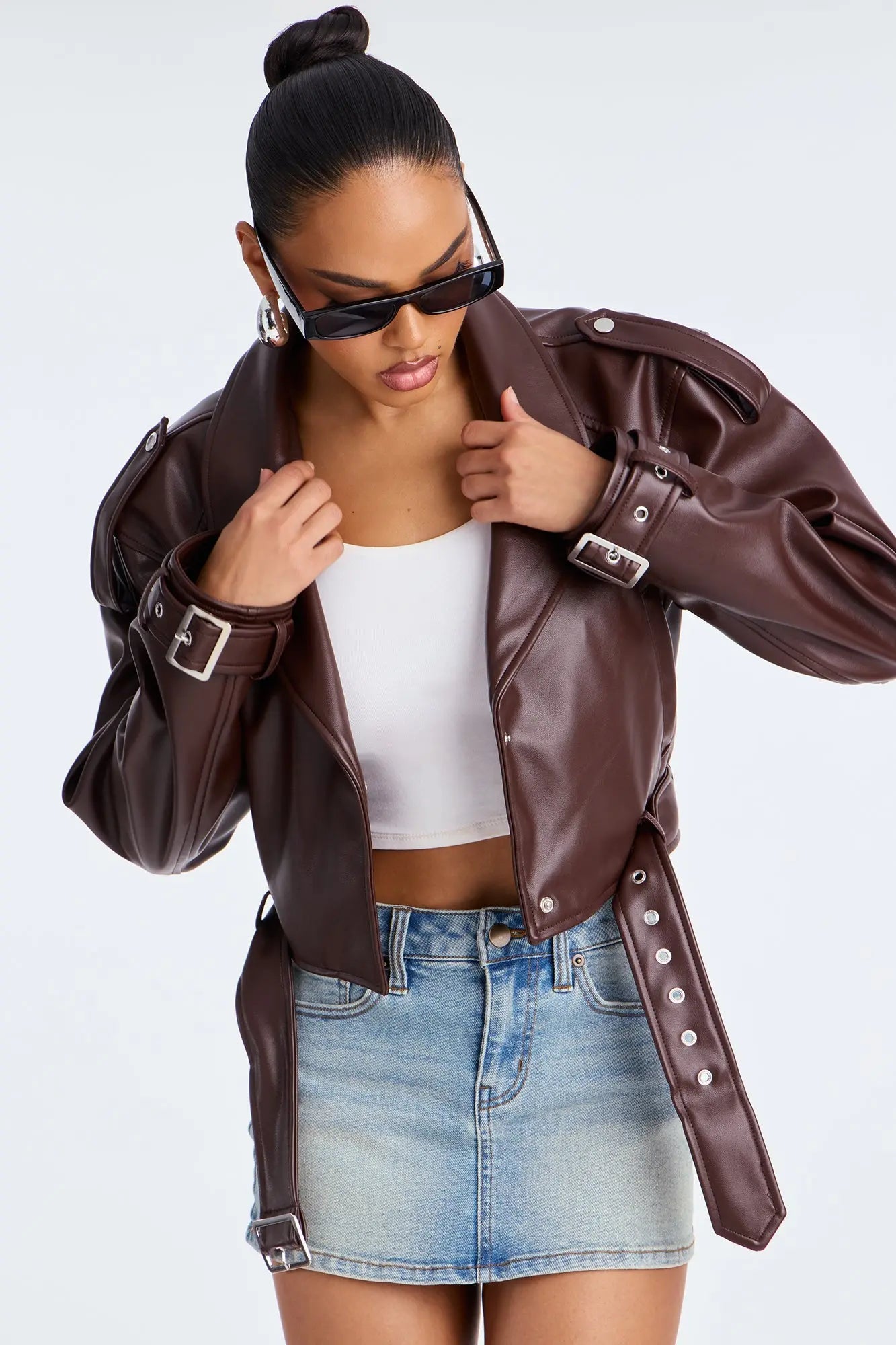 Fast Lane Faux Leather Moto Jacket - Brown 