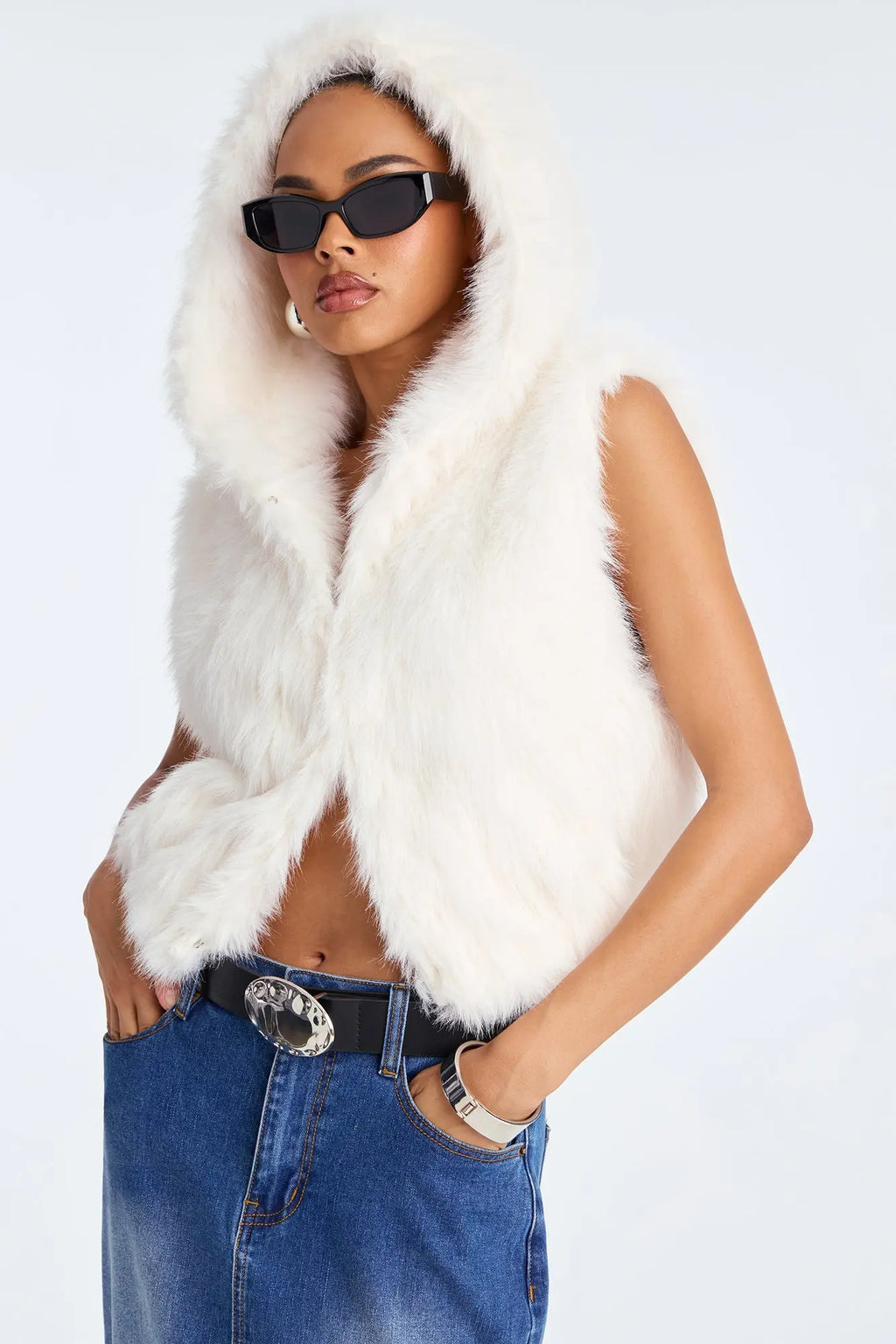 Eliza Faux Fur Hooded Vest - Cream 