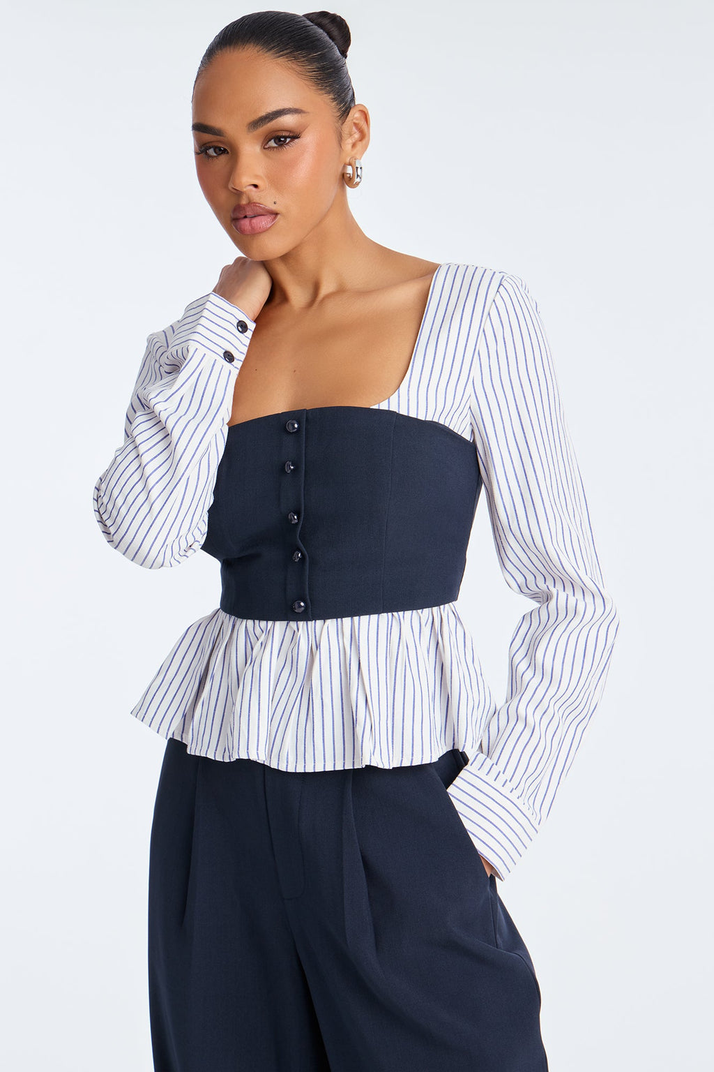 Nina Pinstripe Wide Leg Pant Set - Navy