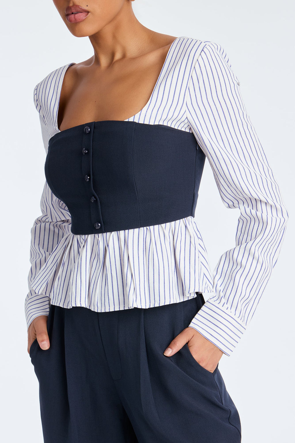 Nina Pinstripe Wide Leg Pant Set - Navy