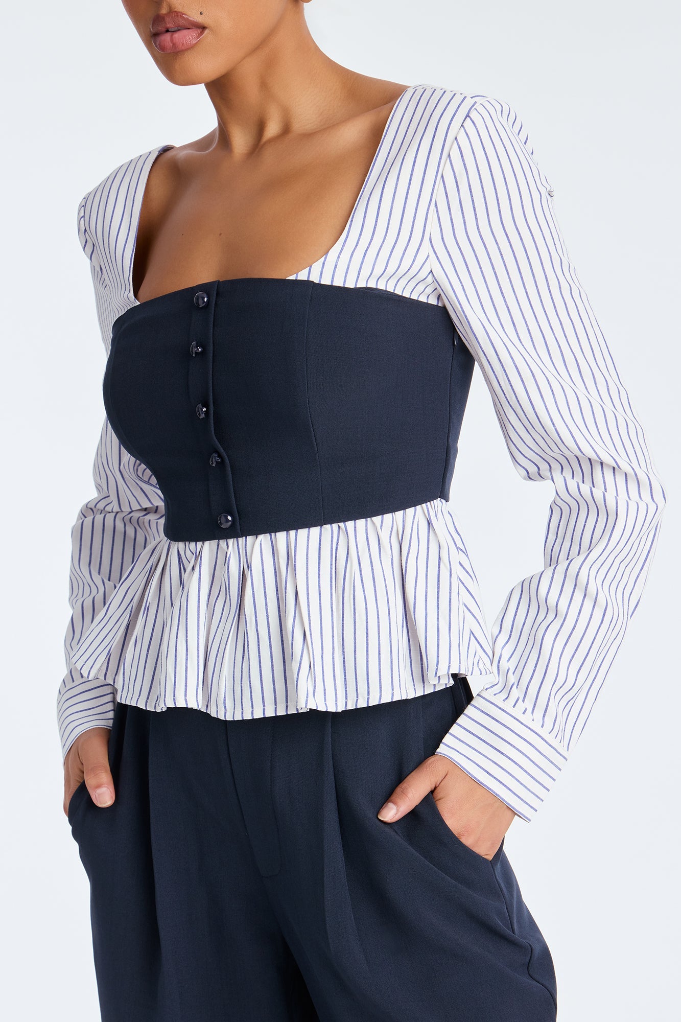 Nina Pinstripe Wide Leg Pant Set - Navy