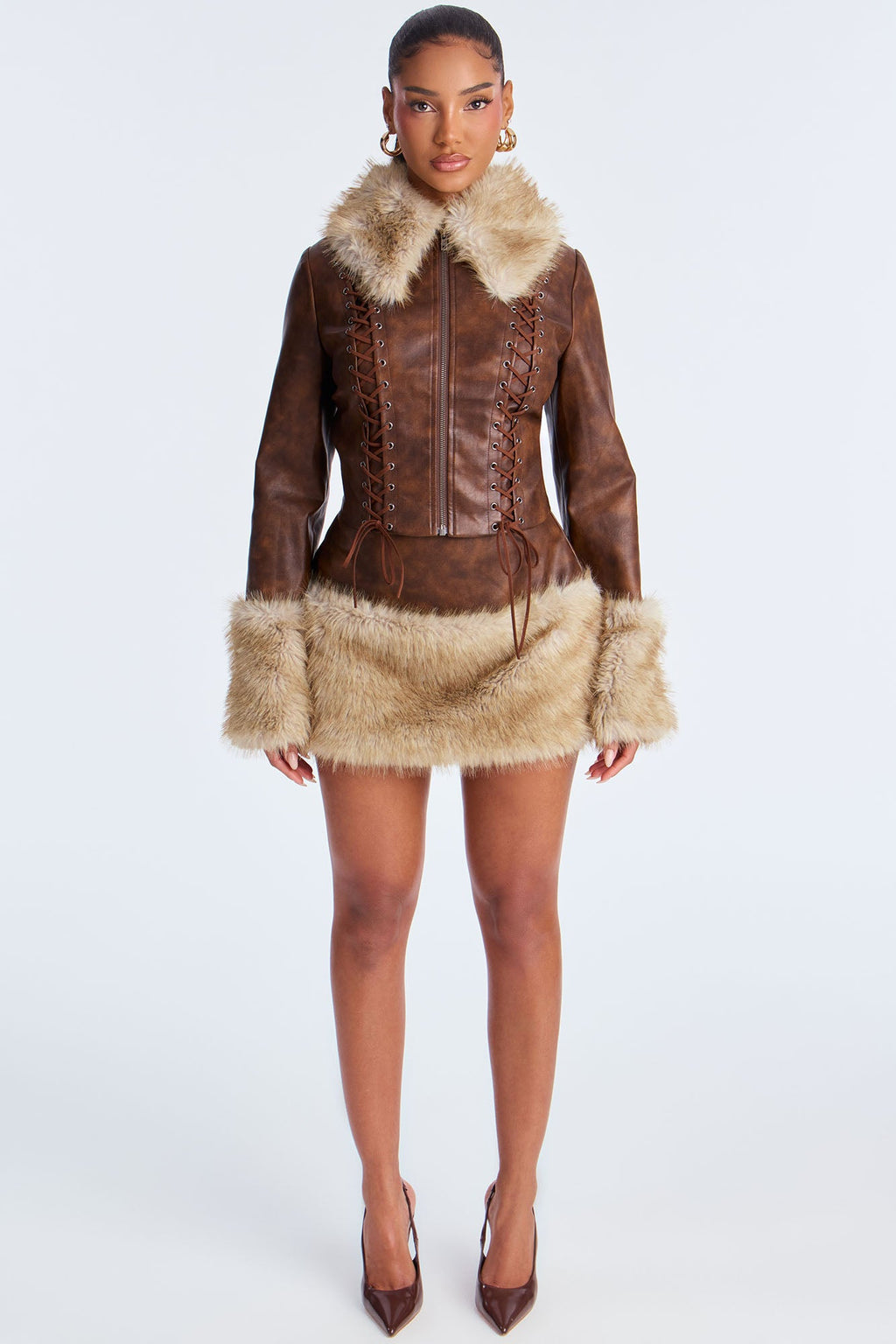 Prime Tease Faux Leather Fur Trim Mini Set Skirt - Brown