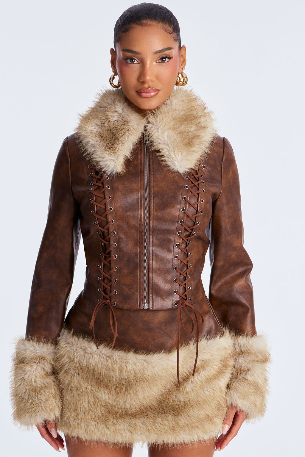 Prime Tease Faux Leather Fur Trim Mini Set Skirt - Brown