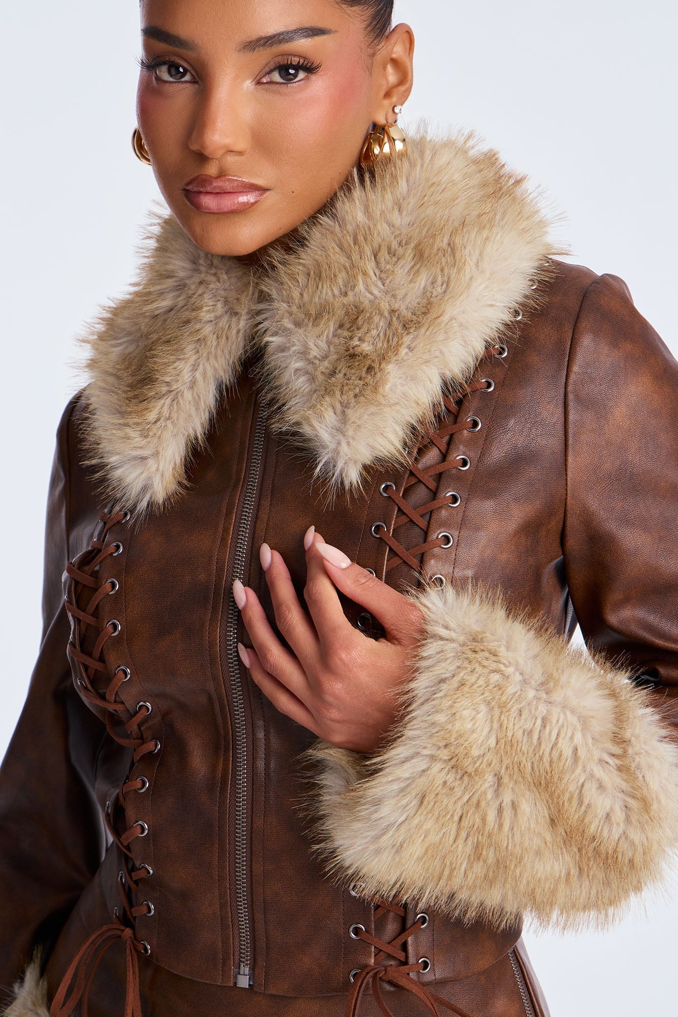 Prime Tease Faux Leather Fur Trim Mini Set Skirt - Brown