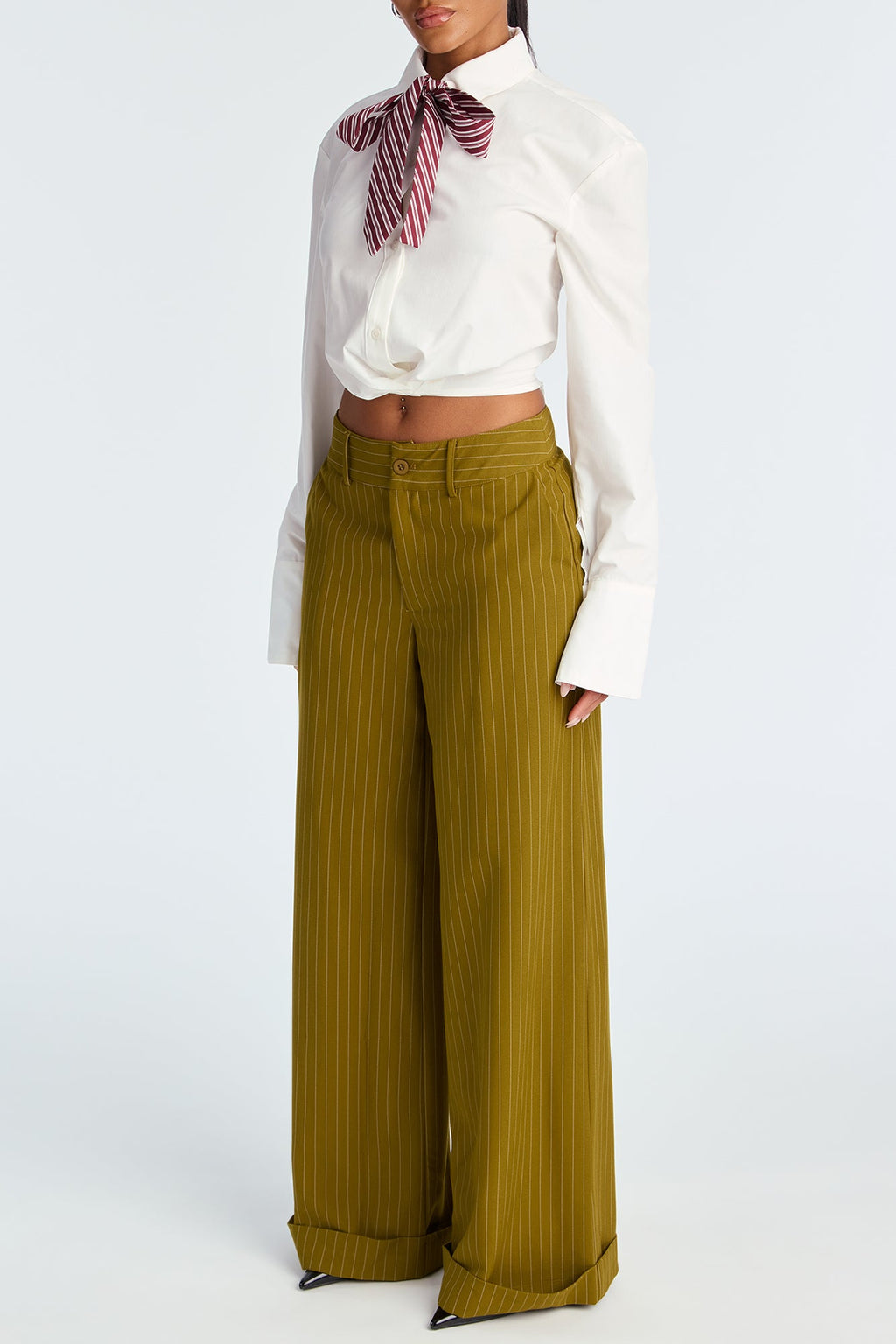 Bossed Up Cuffed Pinstripe Trouser Pant 32″ - Olive