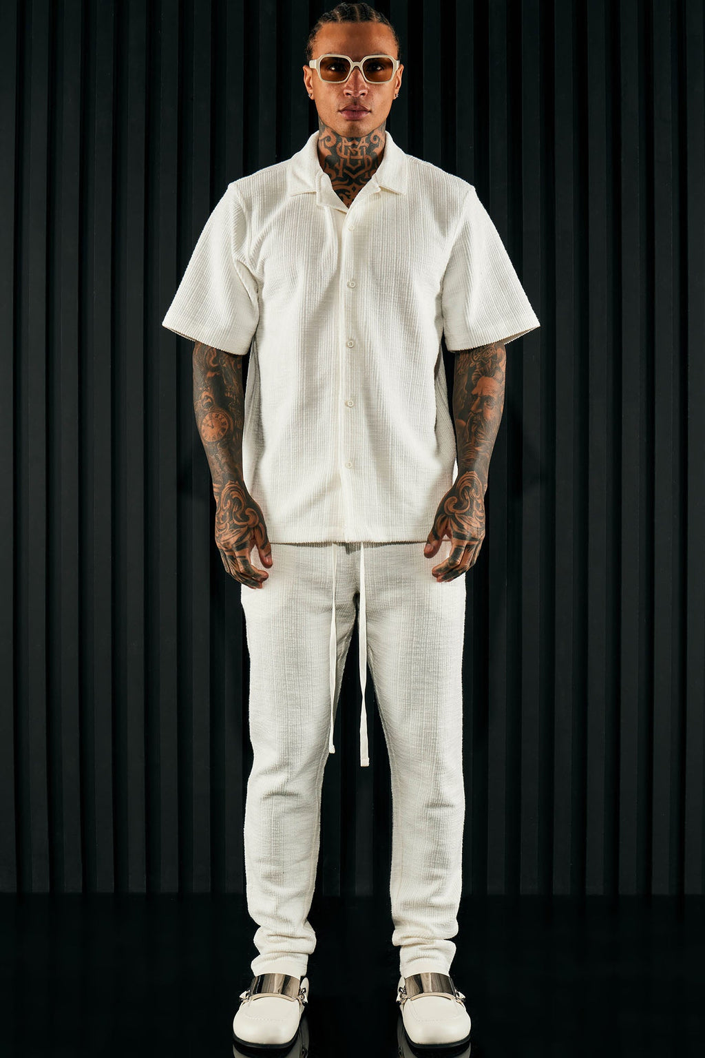 Dean Textured Short Sleeve Button Up Shirt - White