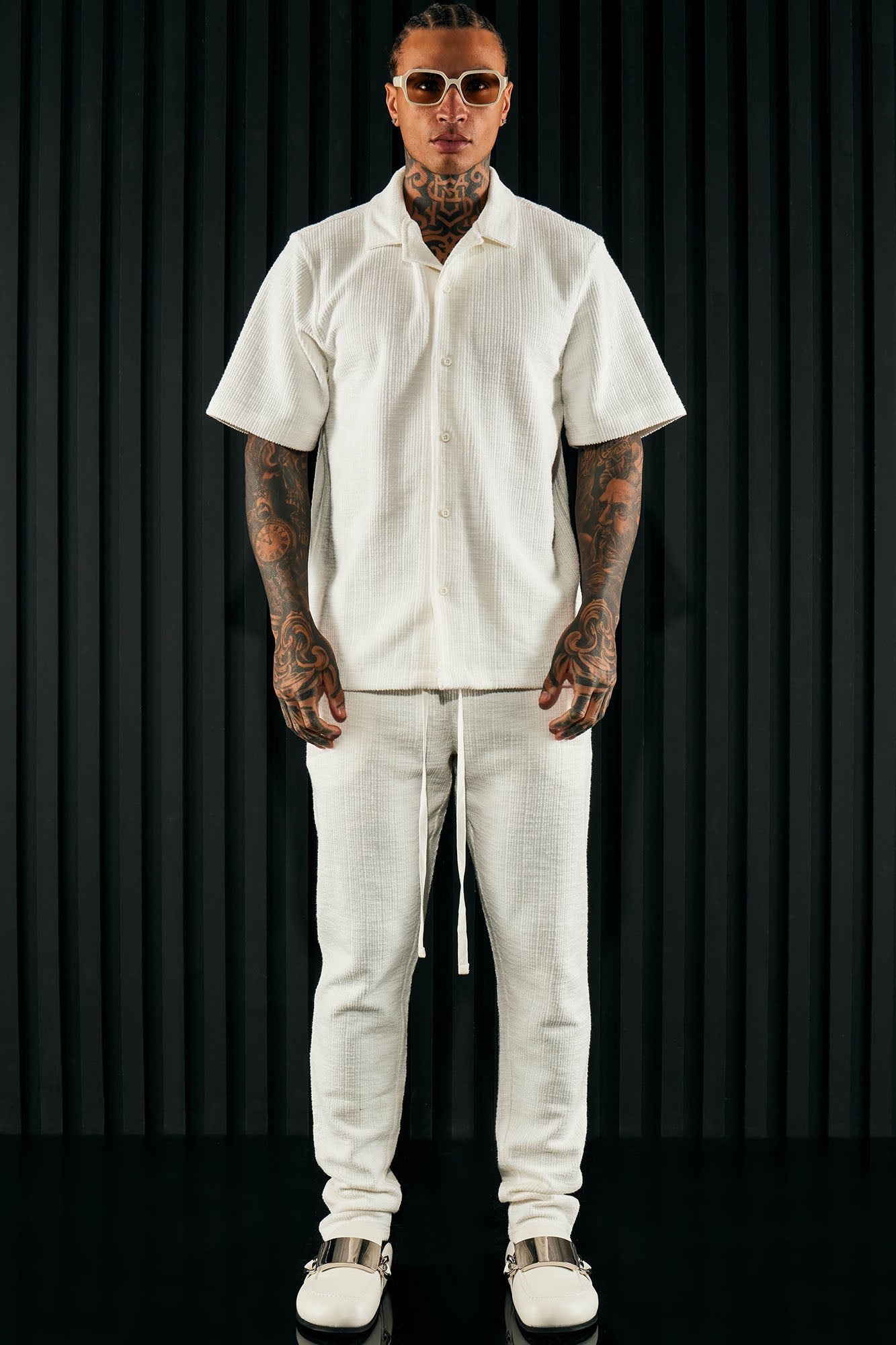 Dean Textured Short Sleeve Button Up Shirt - White